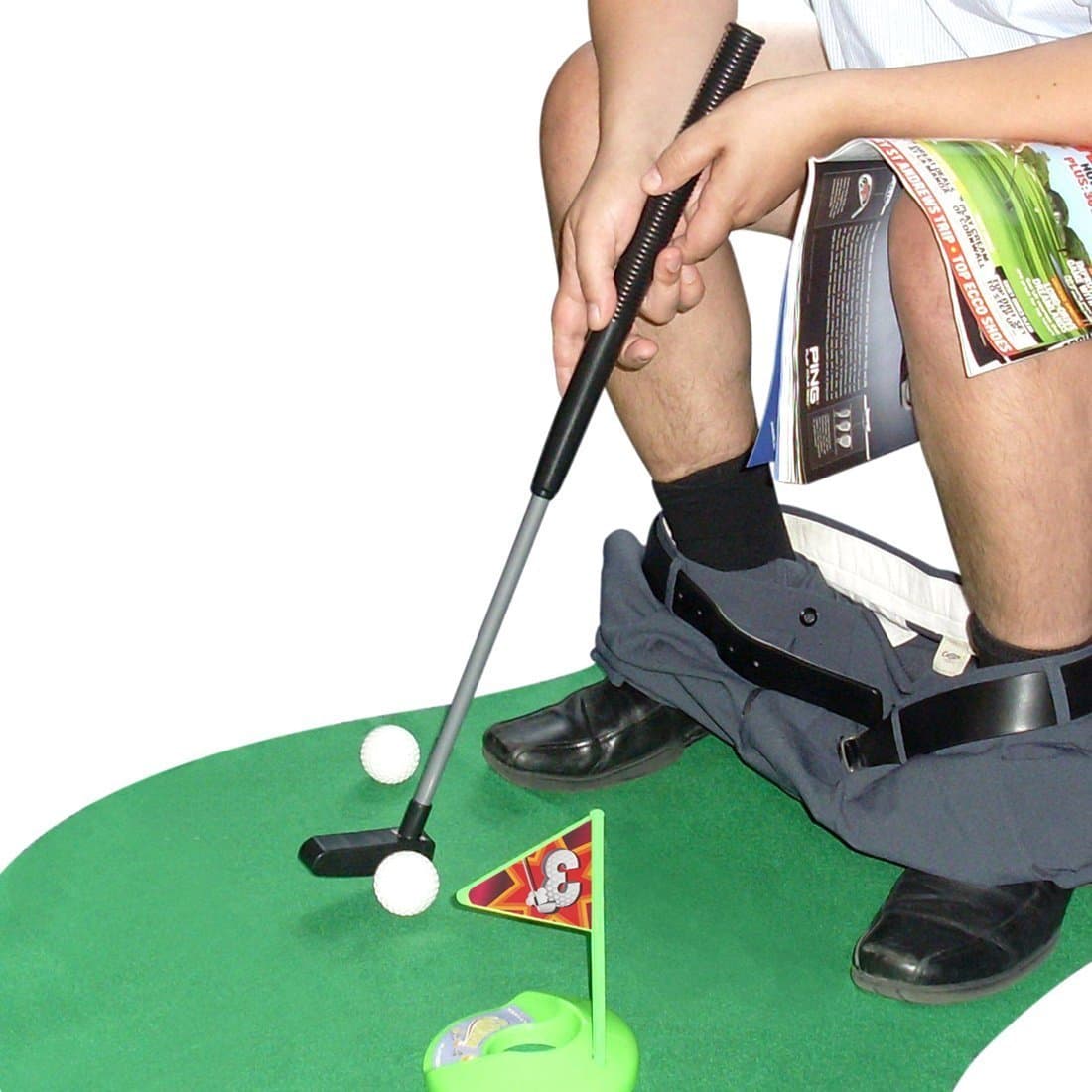 Toilet Golf Potty Time Putter Game - Funny White Elephant Gag Gifts for Adults Men Dad - Stupid Pranks Joke Dirty Christmas Holiday Present Exchange Ideas - Mini Bathroom Putting Green Mat Toy Set