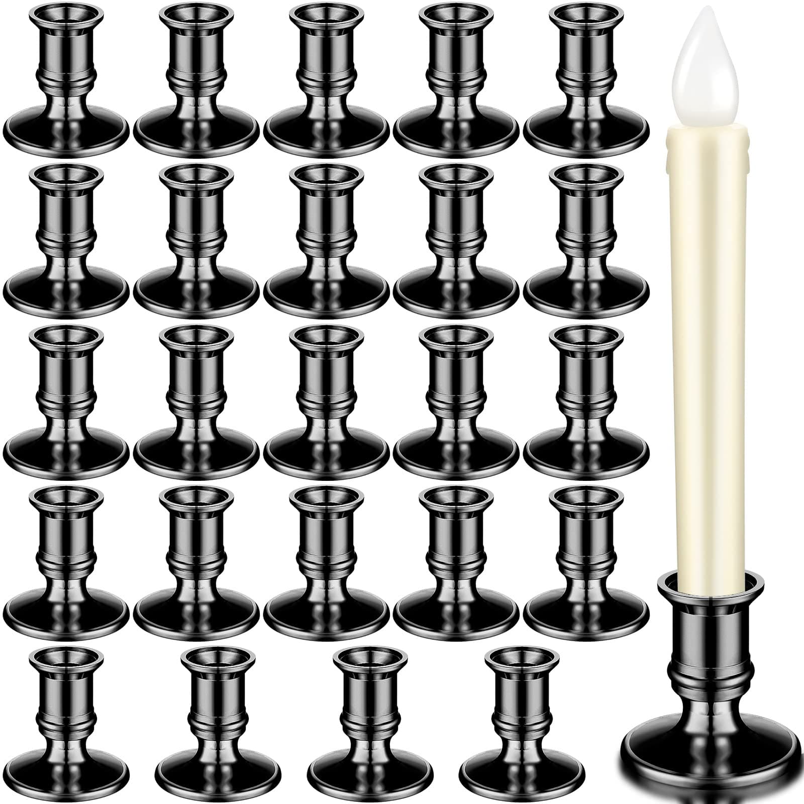 Yungyan 24 Pieces Window Taper Candle Holders Plastic Traditional Candlesticks Only for Flameless LED Table Centerpiece Pillar Candle Holder for Halloween Christmas Wedding Dinner Tables (Black)