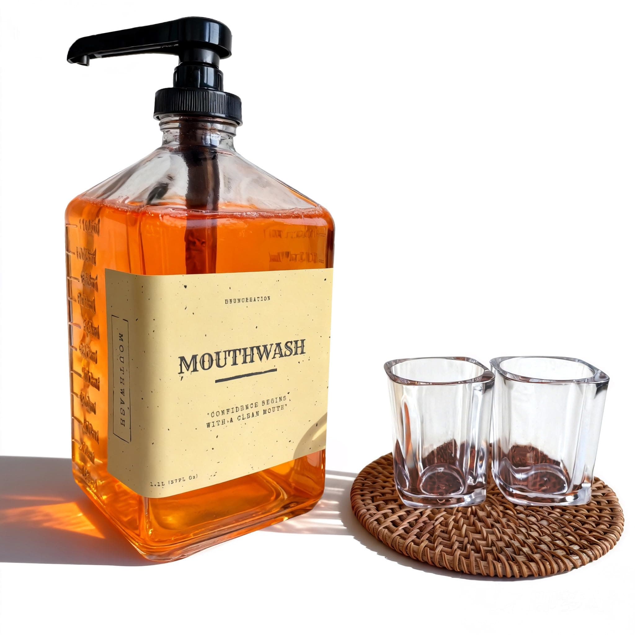 37oz Glass Mouthwash Dispenser for Bathroom, Mouthwash Dispenser Pump, Mouth Wash Container with Reusable Cup, Mouth Wash Bottle, Countertop Kitchen Sink Dish Liquid Soap Holder Set (Black)