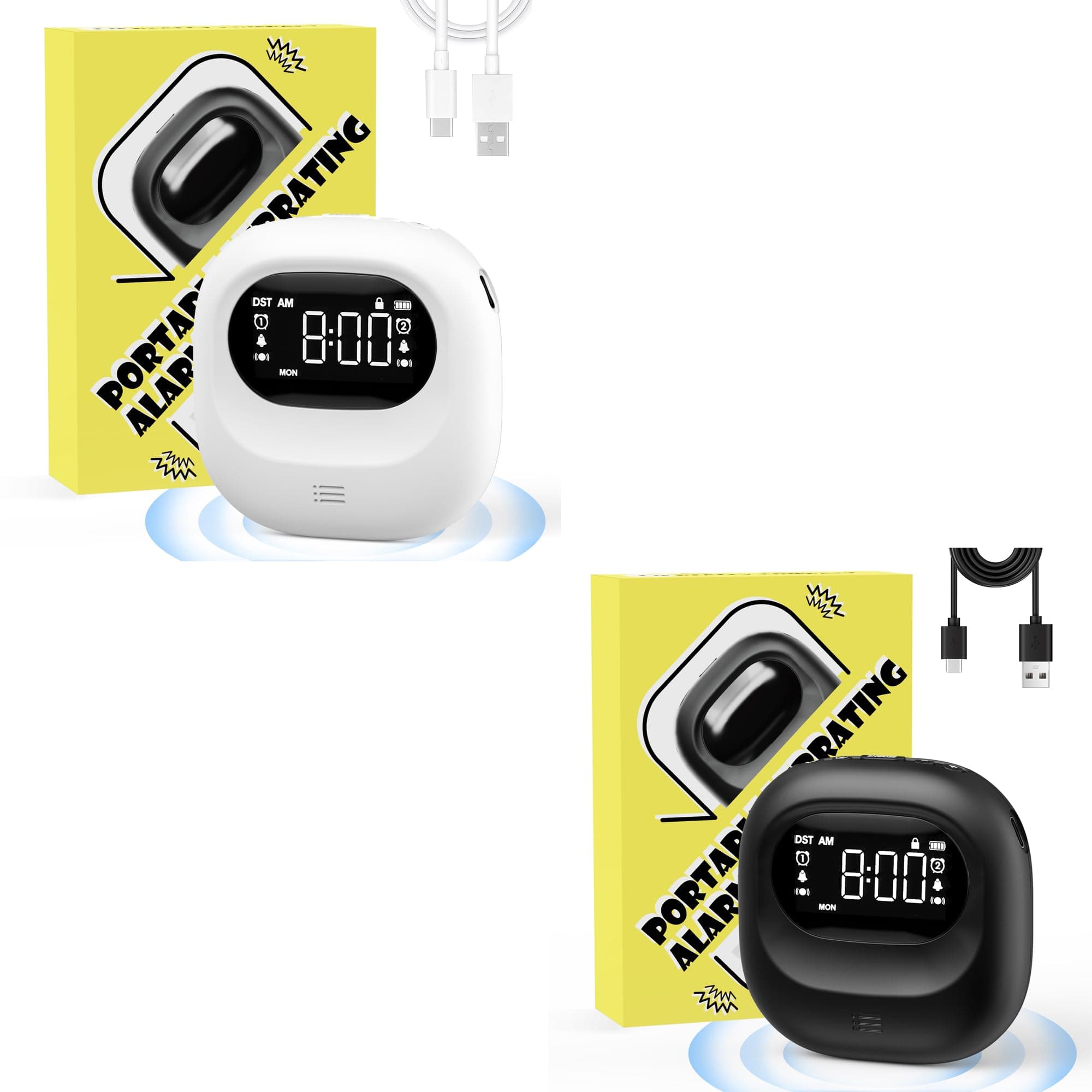 Roxicosly Cordless Vibrating Clock White+Black 2Pack