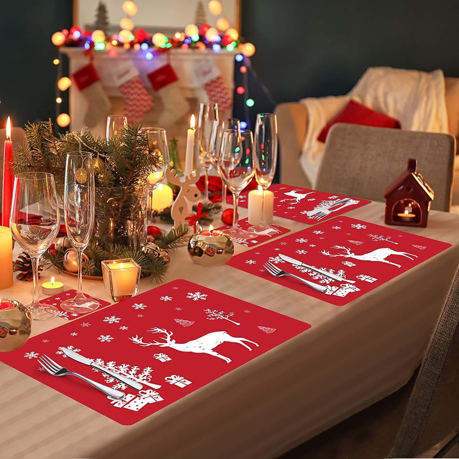 Placemats with 6 Table Place Mats and Drink Coasters Cup Mat for Dining Table, Washable Dining Table Set PVC Dining Table Placemats and Coaster Set of 6 for Christmas Xmas Kitchen Thanksgiving(Red)