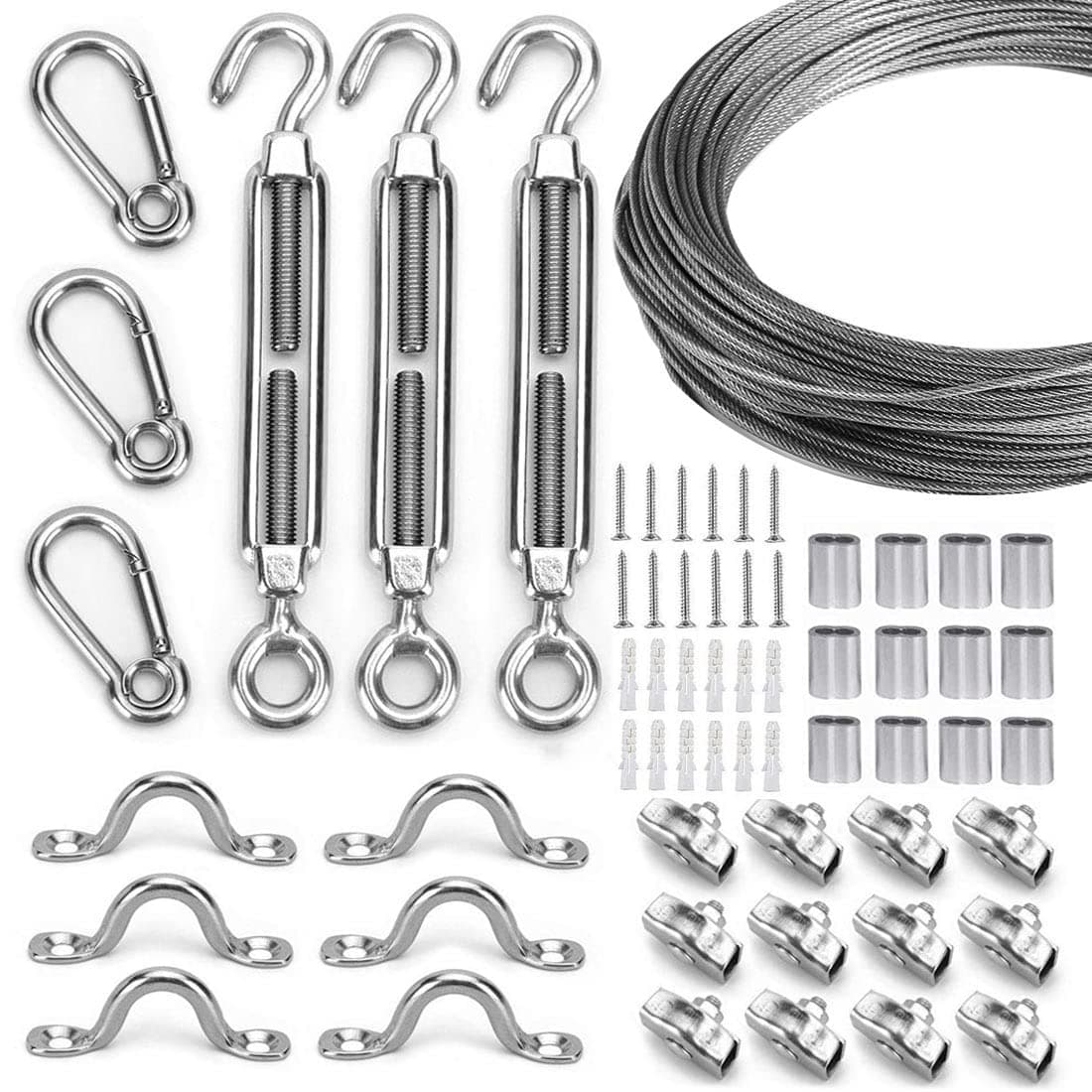Globe String Light Suspension Kit, Outdoor Light Guide Wire, Vinyl Coated Stainless Steel Steel Cable，Include 150ft Transparent PVC and 304 Stainless Steel Wire Cable, Turnbuckle and Hooks