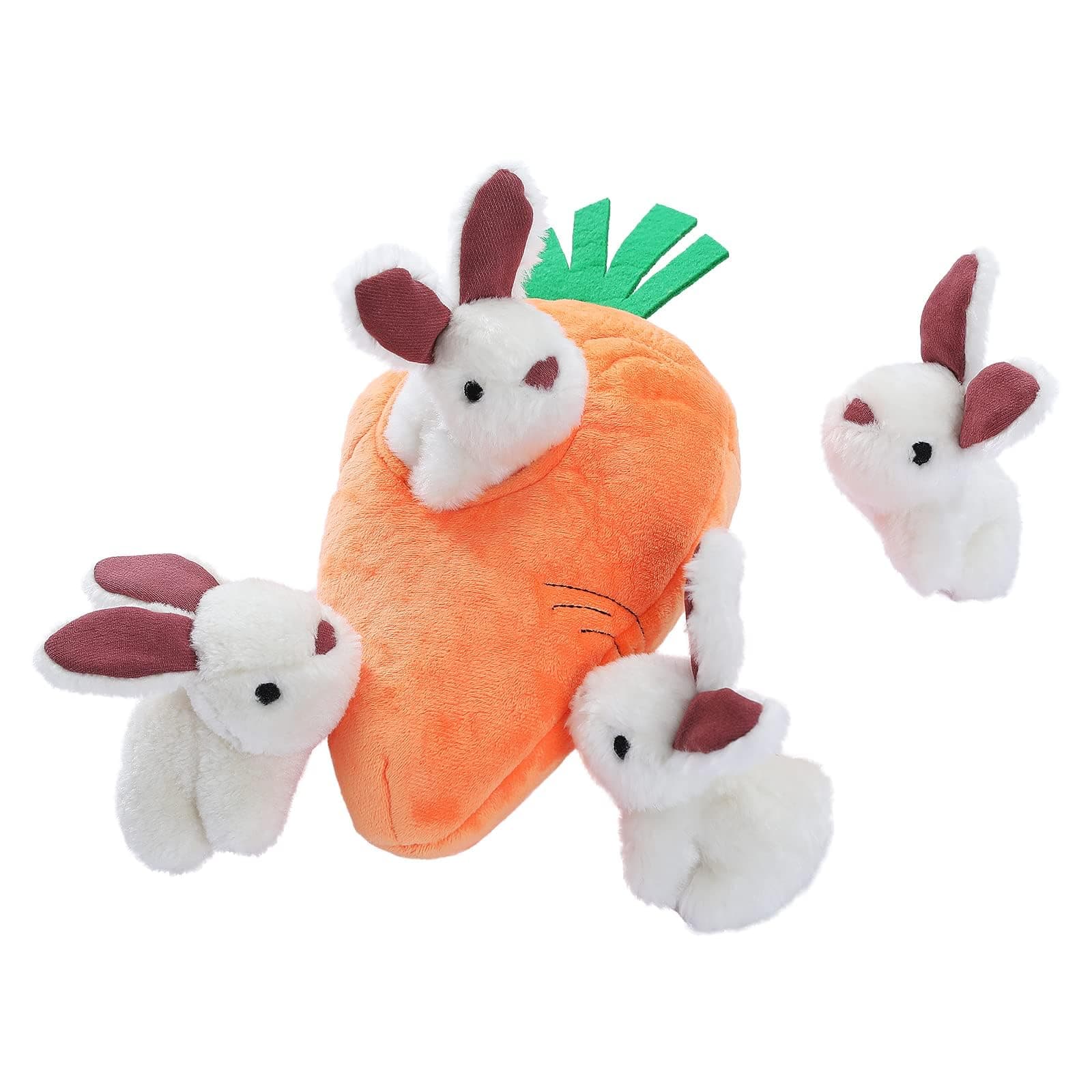 - Amazon Basics Interactive Hide and Seek Squeaky Dog Plush Toy with Squeaker for Small Dogs, Rabbit and Carrot, Orange and White, 5-Pack