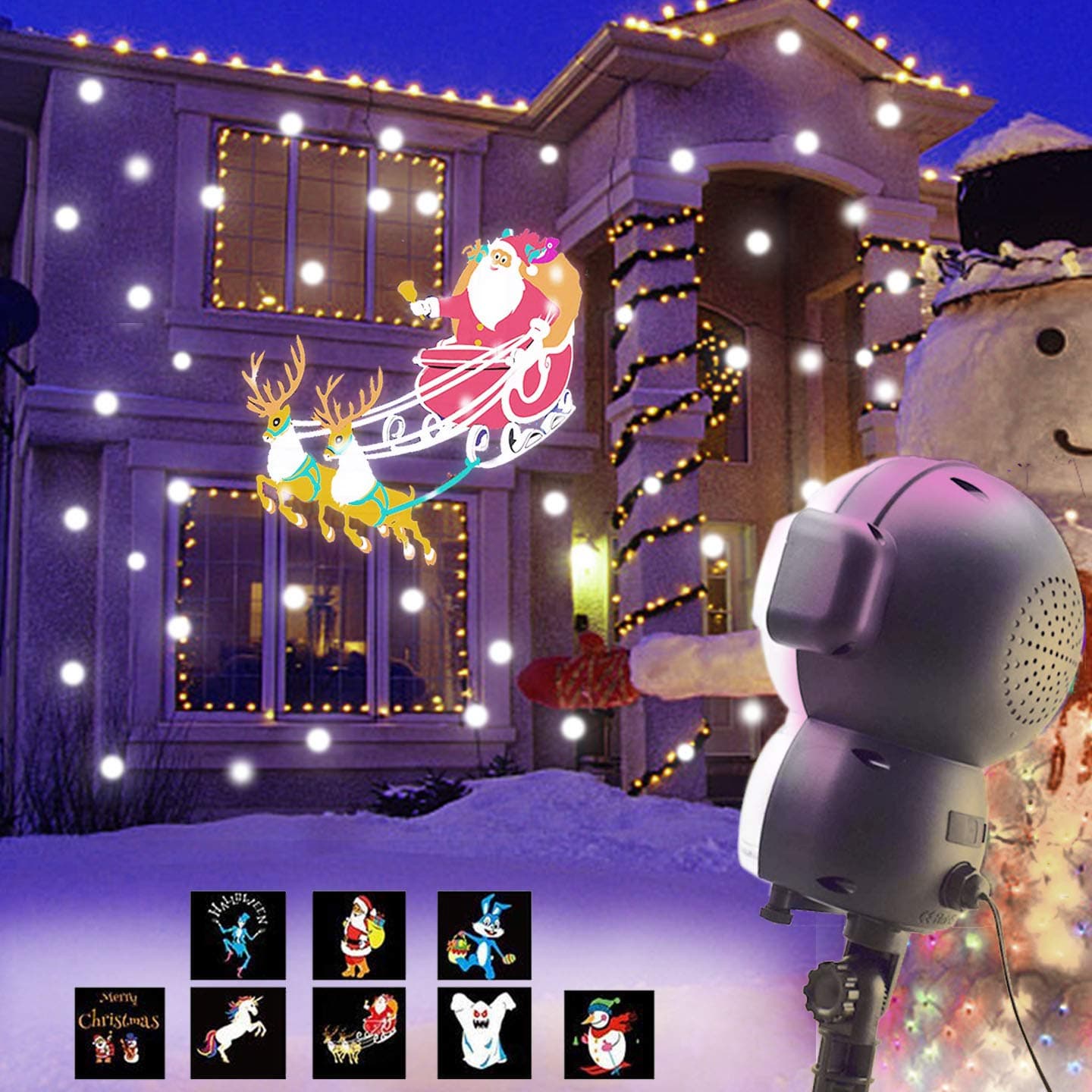 3 iIN 1 Snow Falling Animated Projector Outdoor Halloween Christmas Decorations LED Projection Lights with Music Playback Function and Remote Control