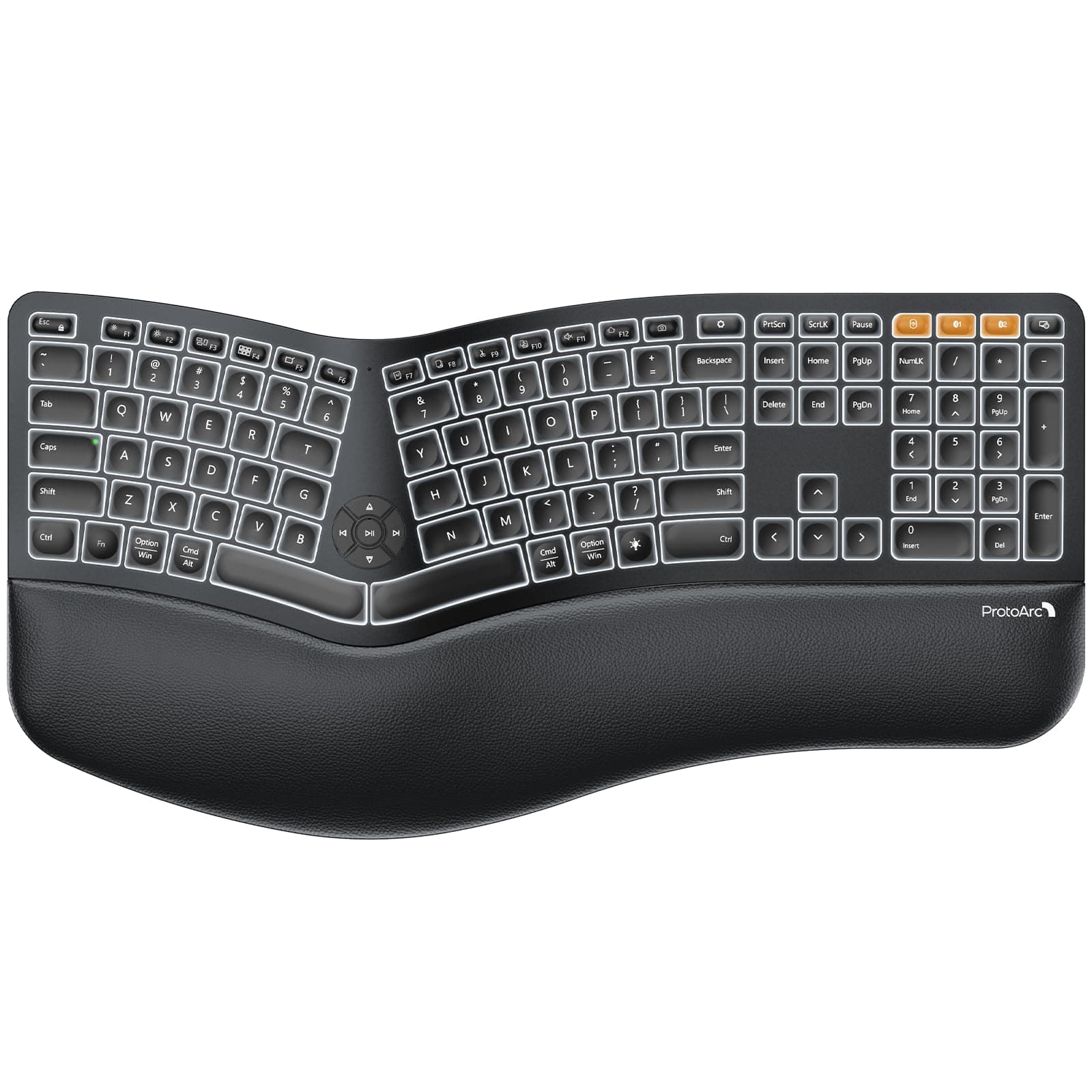 ProtoArc Backlit Wireless Ergonomic Keyboard, EK01 Plus Full Size Ergo Keyboard with Wrist Rest, Split Design, Rechargeable, Bluetooth and USB, Natural Typing Compatible with Windows/Mac/Android,Black