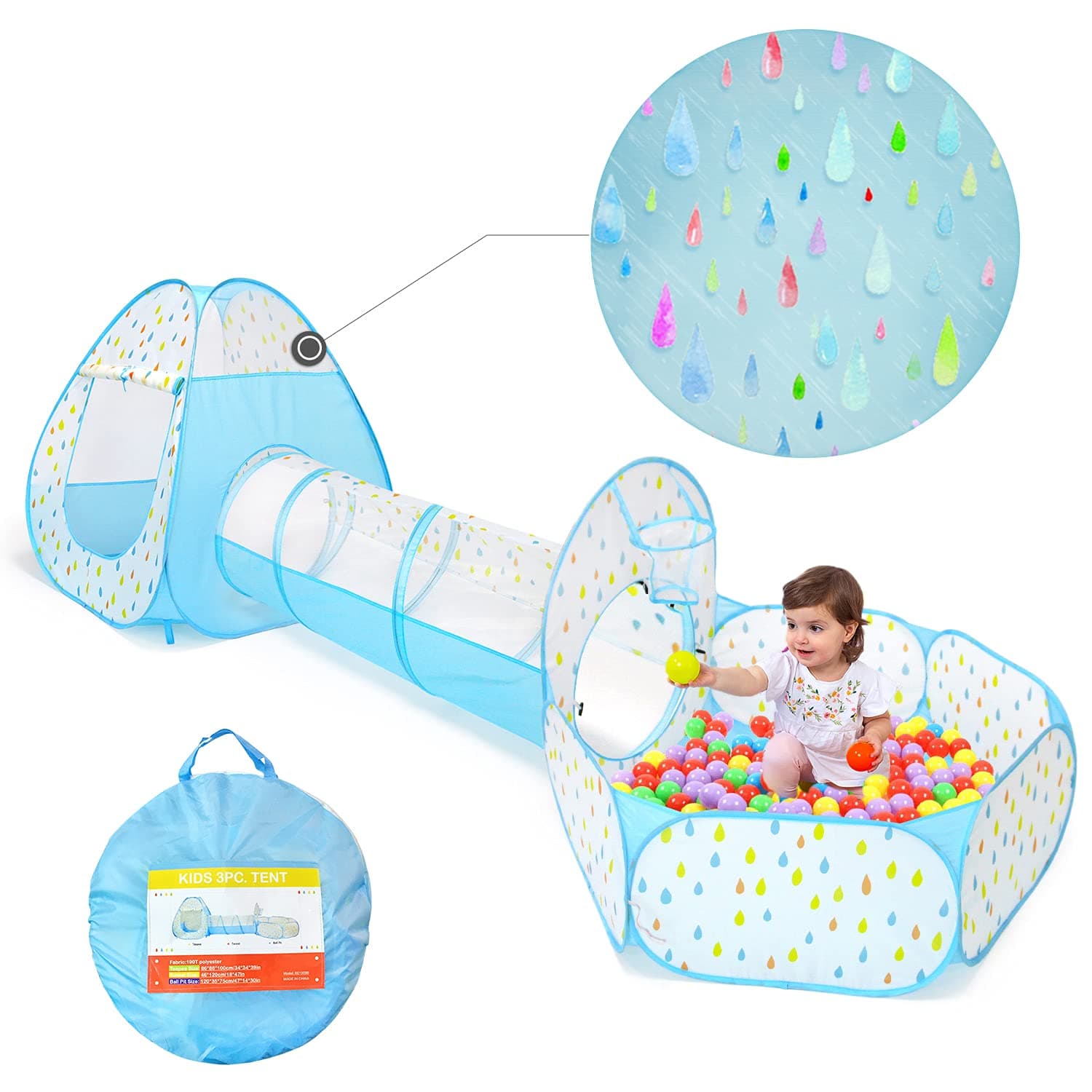 Kids Play Tent Crawl Tunnel and Ball Pit with Basketball Hoop Playhouse for Toddlers Child (Raindrop)
