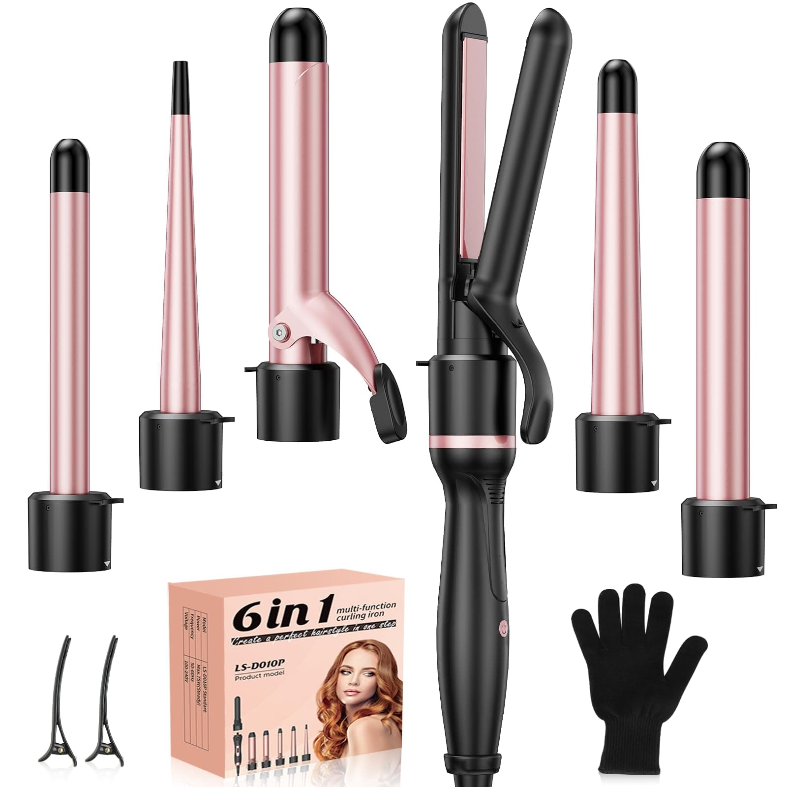 6 in 1 Hair Straightener and Curler, 3/4 to 1 1/2 inch Ceramic Barrel Wand Curling Iron Set, Auto Off, Dual Voltage Hair Styling Hot Tools