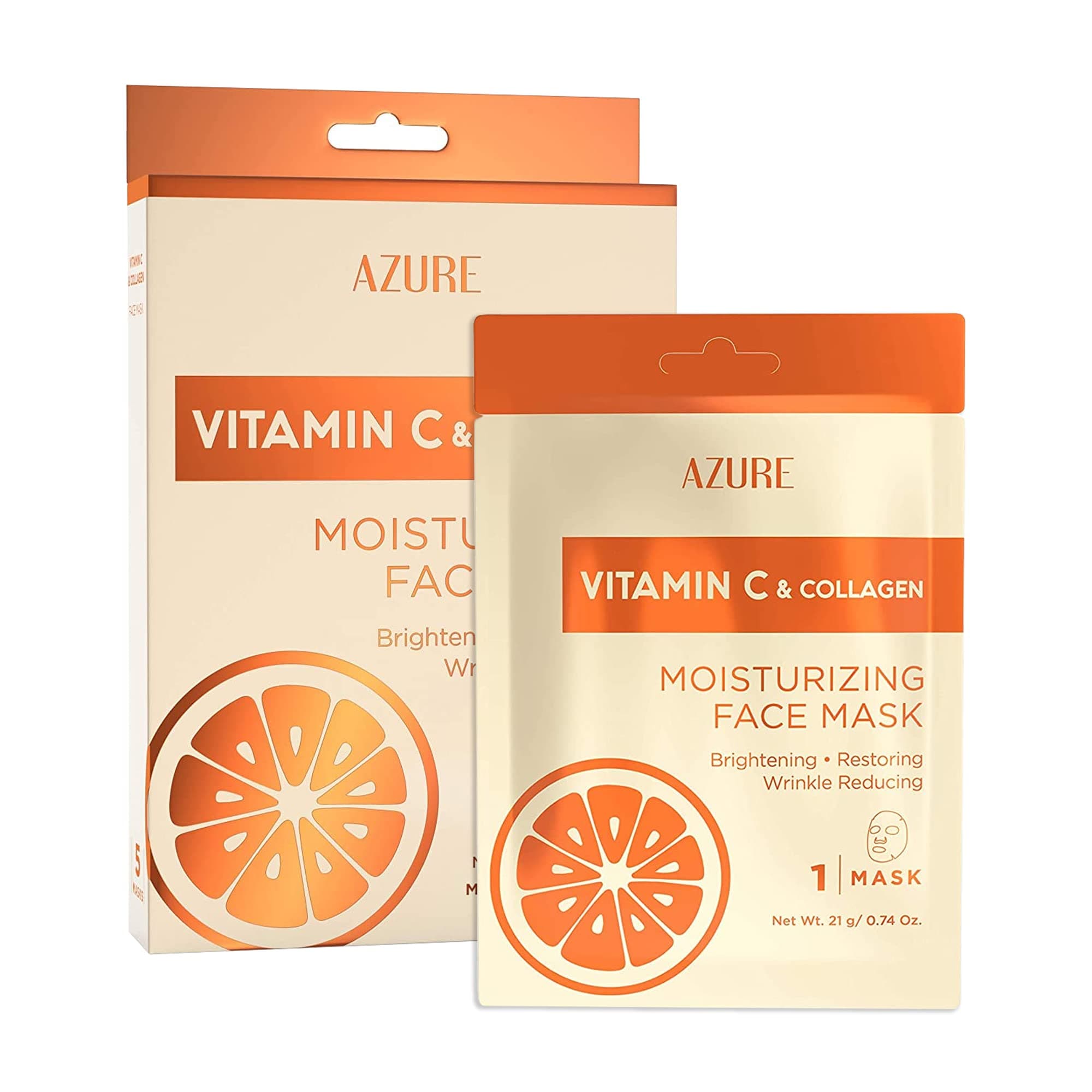 Azure Cosmetics Vitamin C & Collagen Moisturizing Facial Sheet Mask- Anti Aging, Deeply Moisturizing & Firming - Brightening Mask, Improves Elasticity - Skin Care Made in Korea - 5 Pack