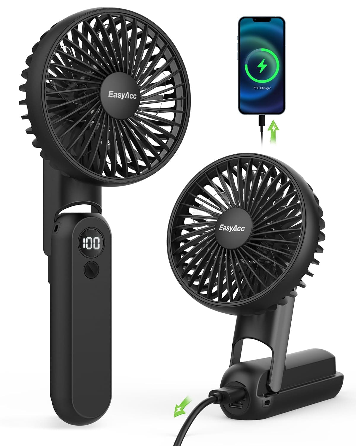 EasyAcc Portable Fan, Handheld Fan, Small Desk Fan Personal Fan [ Digital Display 5 Speed ] USB C Rechargeable Battery Operated Cooling Folding Electric Fan for Travel Outdoor Office Household
