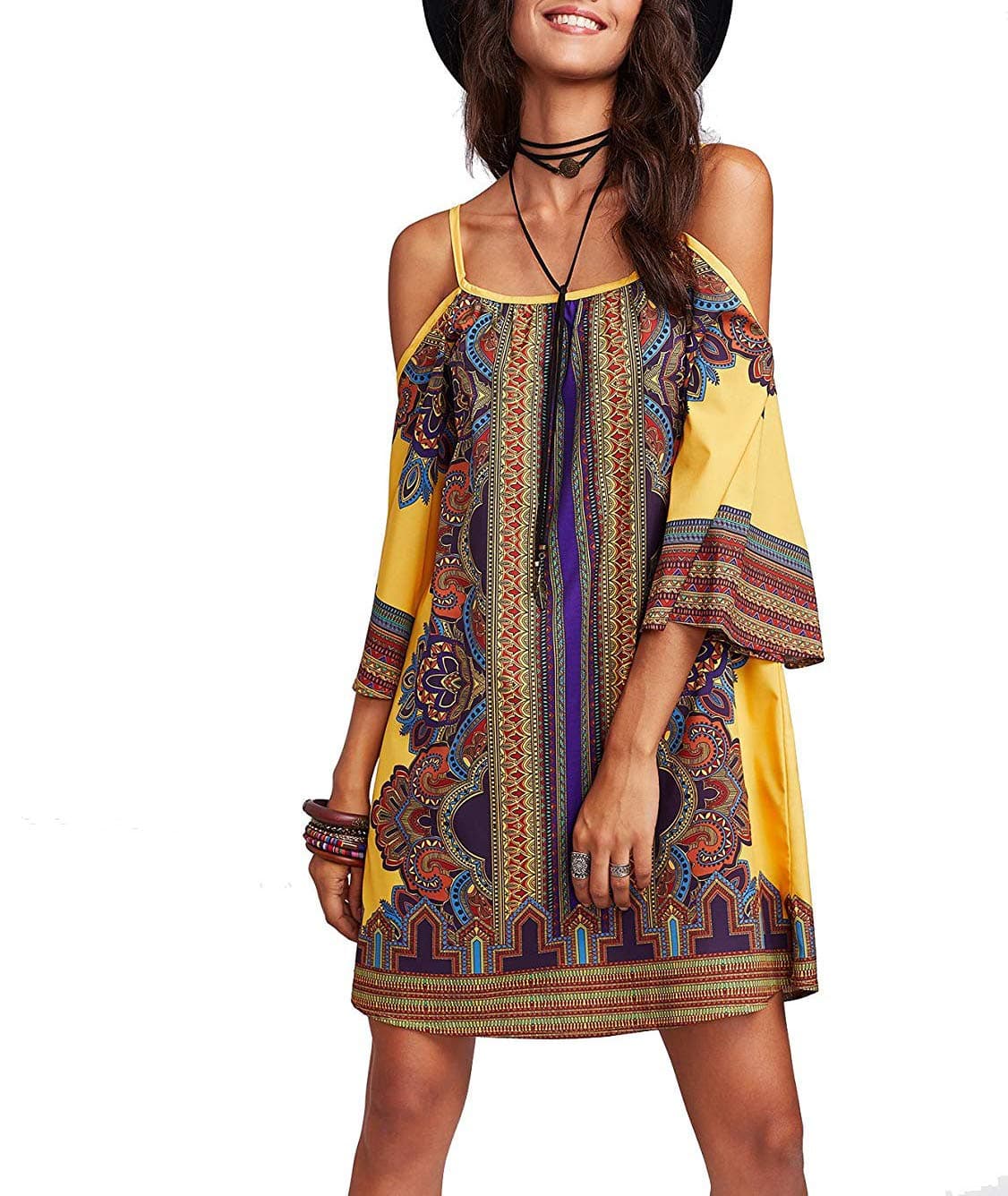 DDSOL Women's Bohemian Ethnic Spaghetti Sundress Cold Shoulder 3/4 Sleeve Beach Short Dress