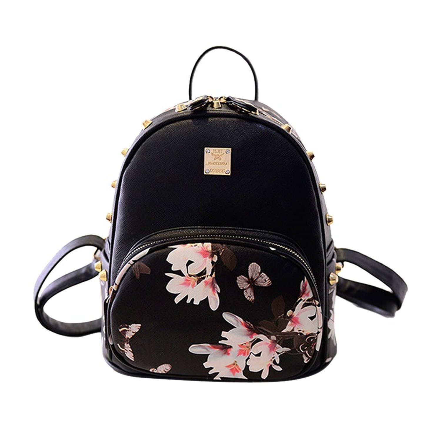 SuperMagic Women's Butterfly Flower Print Studded Backpack Satchel Mini Cute Travel Daypack (Black)