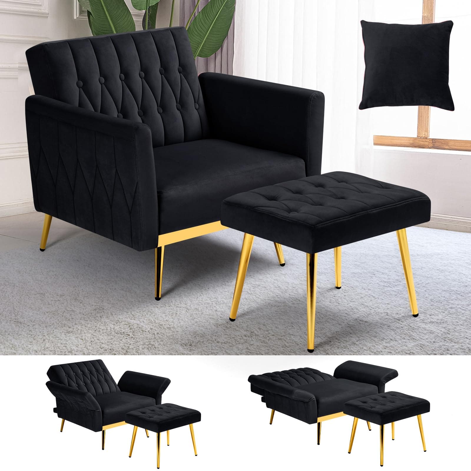 Velvet Accent Chair with Adjustable Armrests and Backrest, Button Tufted Lounge Chair, Single Recliner Armchair with Ottoman and Pillow for Living Room, Bedroom, Black