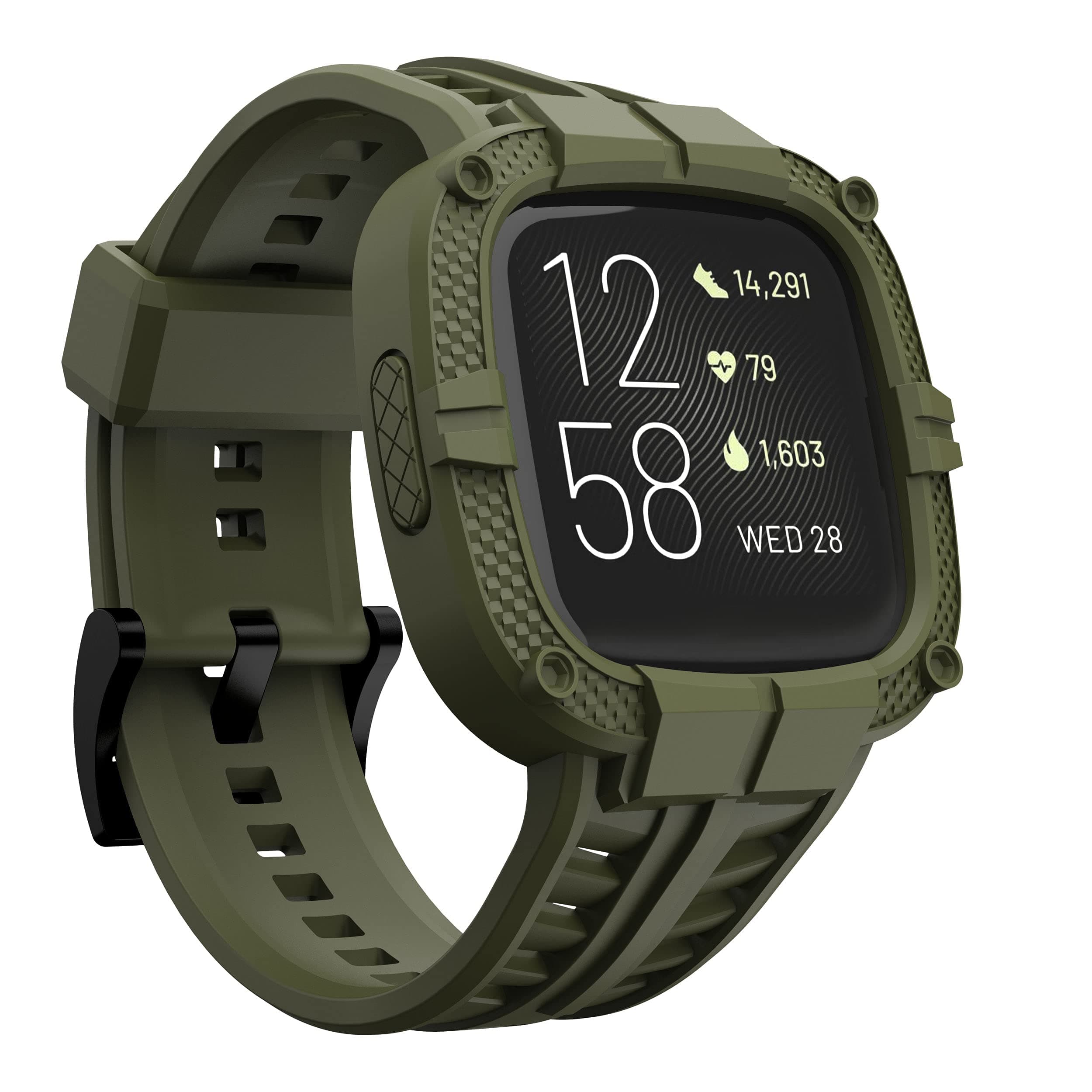 GELISHI Compatible for Fitbit Versa 2 Bands with Case, Men Protective Case Band Rugged Sport Wristbands Strap for Fitbit Versa 2 Smartwatch - Army Green