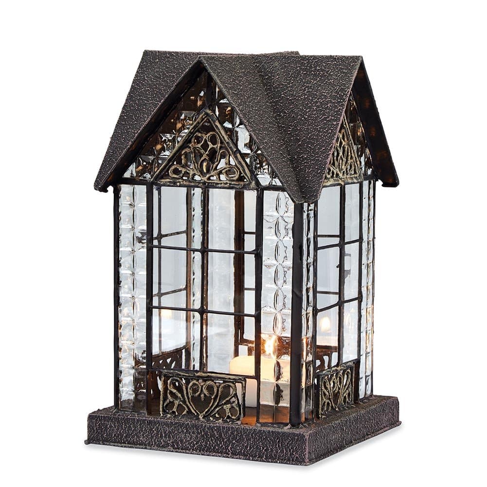 Glass and Metal Architectural Candle Lantern - Bronze-Tone Patina Devonshire House