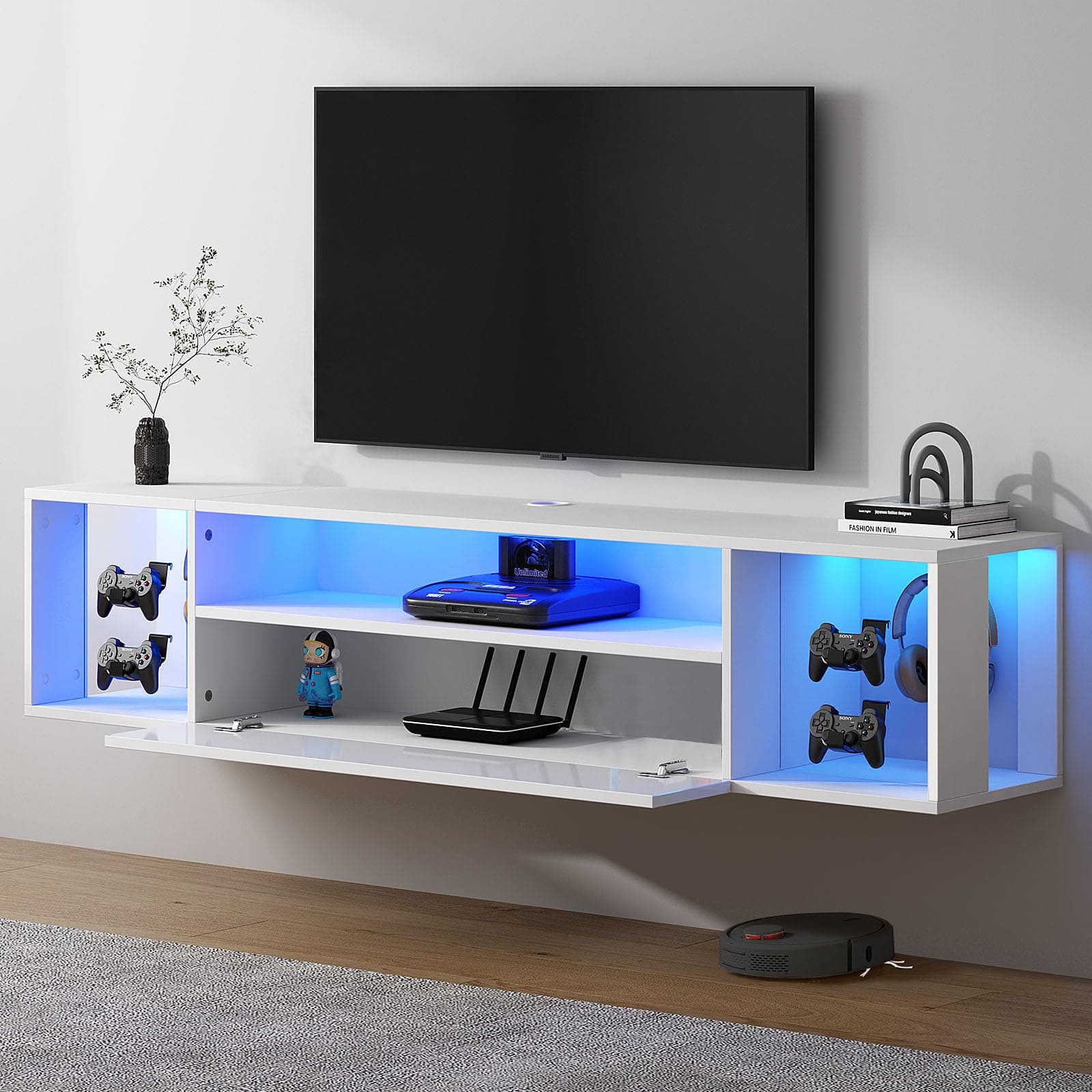 Floating TV Stand Wall Mounted with Lights,LED TV Stand Floating Entertainment Center with Storage for Bedroom Living Room,Modern Floating Shelf for Under TV,White 55"