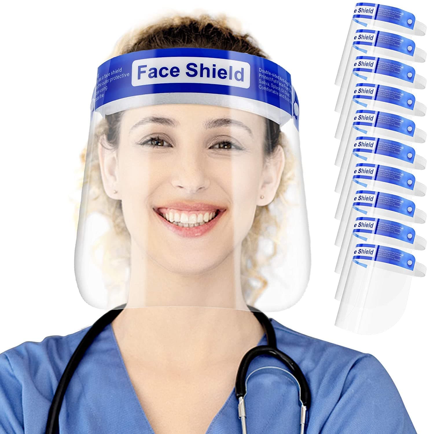 Sheevol Beauty 10 Pack Safety Face Shields All Round Protection, Anti Fog Lens, Lightweight Transparent Shield With Adjustable Elastic Band For Men & Women, Blue, V-Shiled-10-1