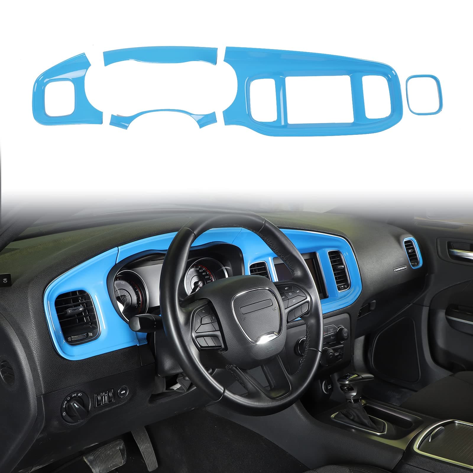 JWWY 充電器センターコンソール ダッシュボードトリム 2015-2019 ダッジチャージャー用 ABS ライトブルー 5個
