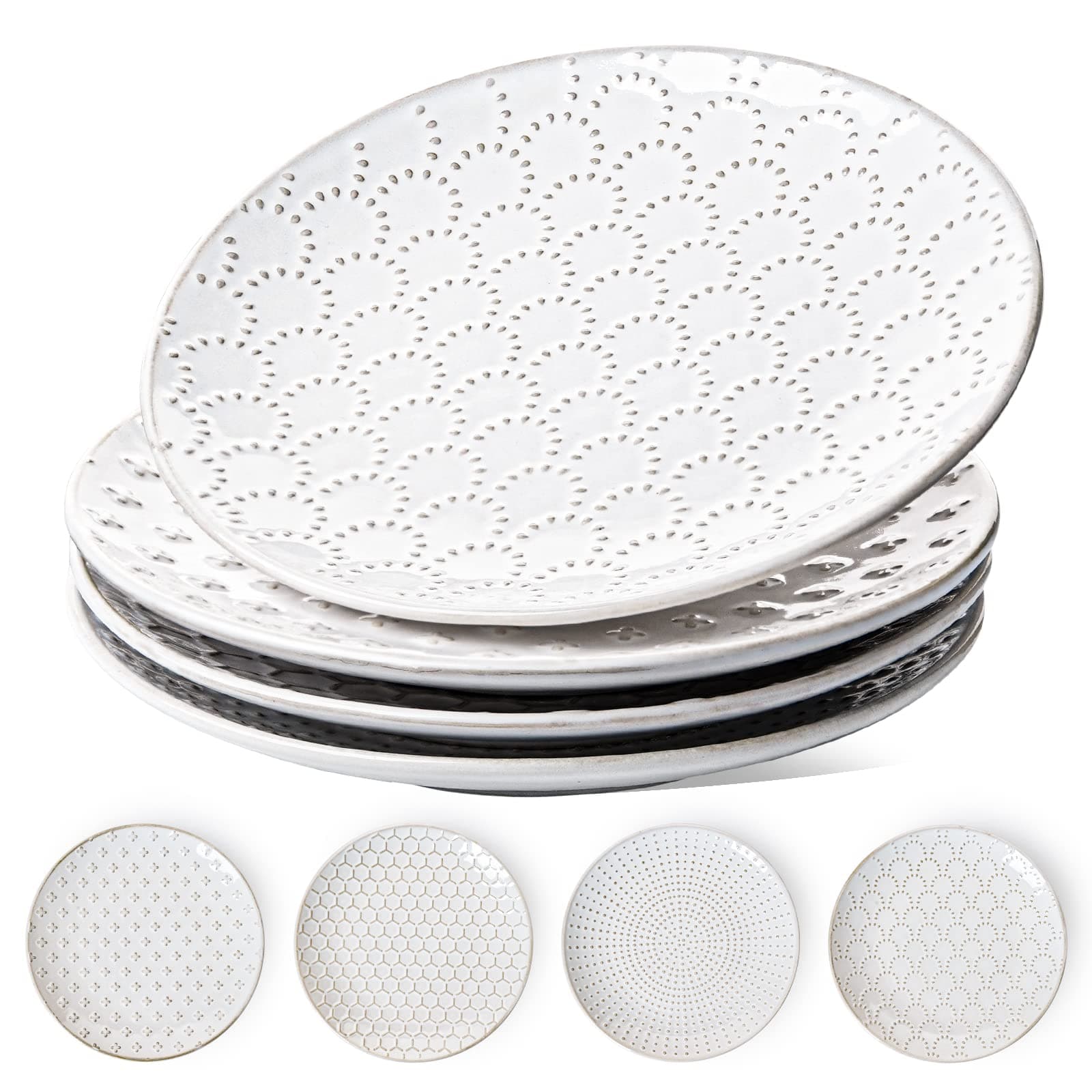 Ceramic Salad Plates Set of 4, 8 Inch Embossed Dessert Plates for Appetizer and Small Dinner, Modern White Ceramic Plates for Kitchen, Microwave and Dishwasher Safe - Arctic White