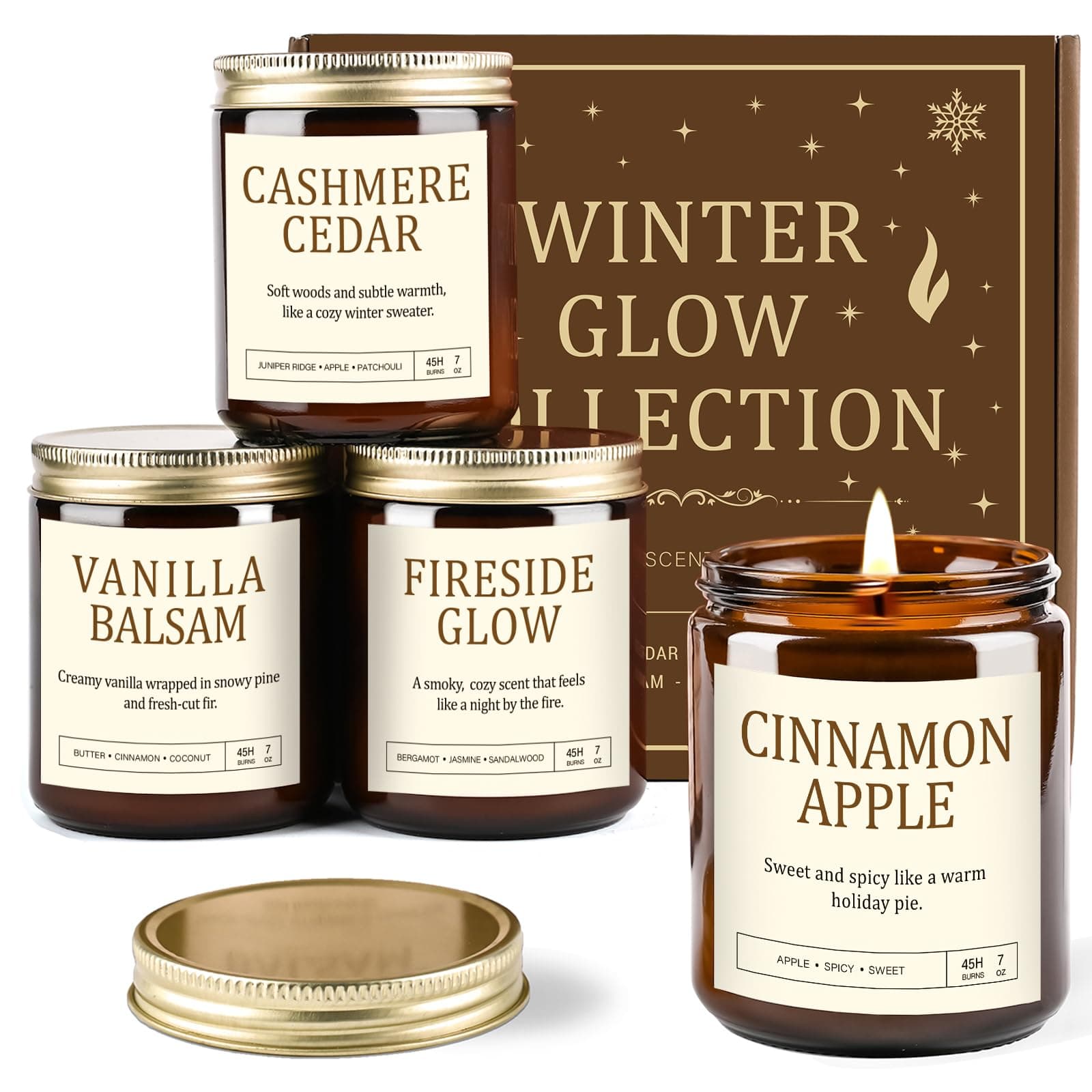 Scented Candles Gift Set for Women - 4 Pack Soy Candles for Home Scented, Long Lasting Winter Candle Set with Cashmere Cedar/Fireside Glow/Cinnamon Apple/Vanilla Balsam, Birthday Valentine's Day Gifts