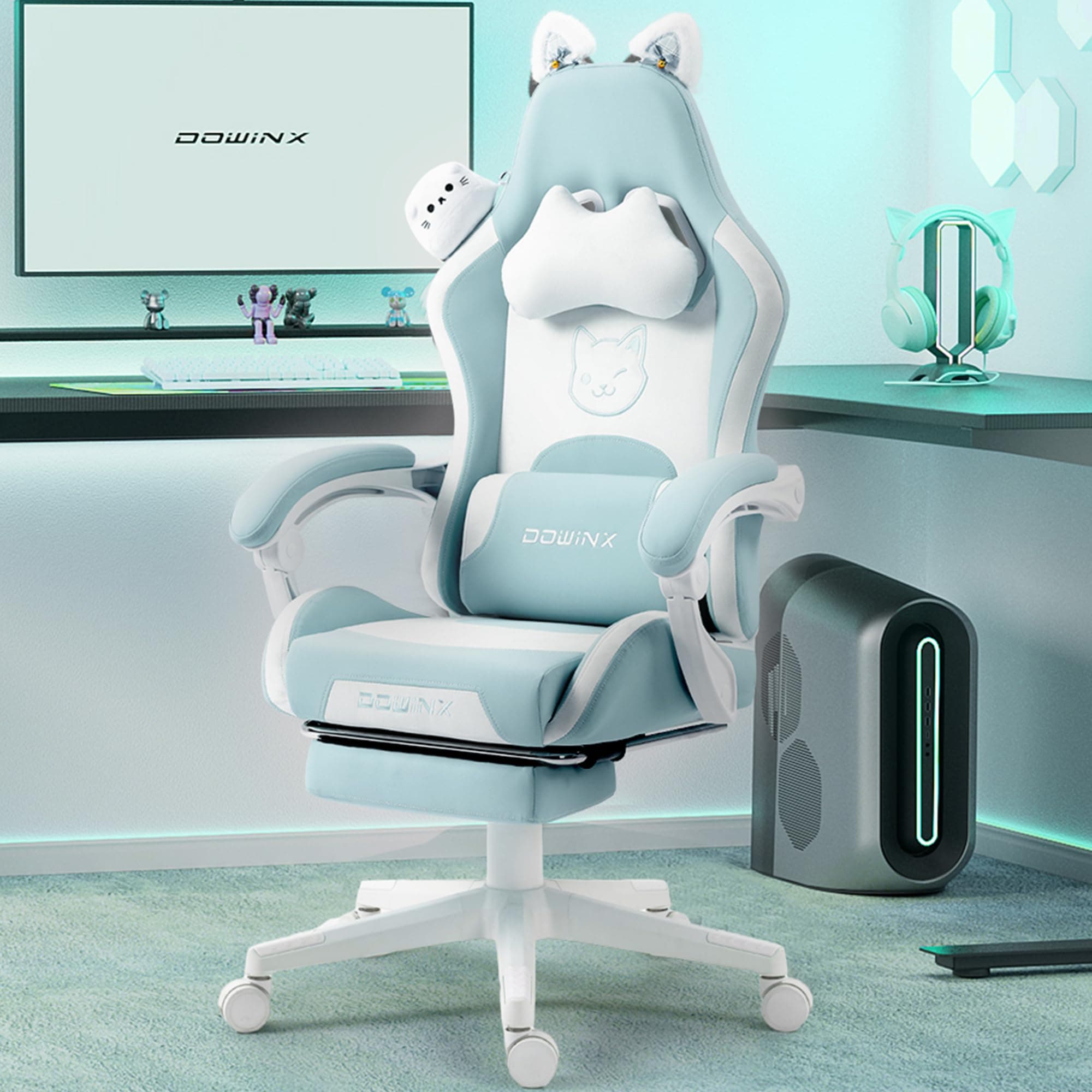 Gaming Chair Cute with Cat Ears and Massage Lumbar Support, Ergonomic Computer Chair for Girl with Footrest and Headrest, Comfortable Reclining Game Chair 290lbs for Adult, Teen, Blue Green