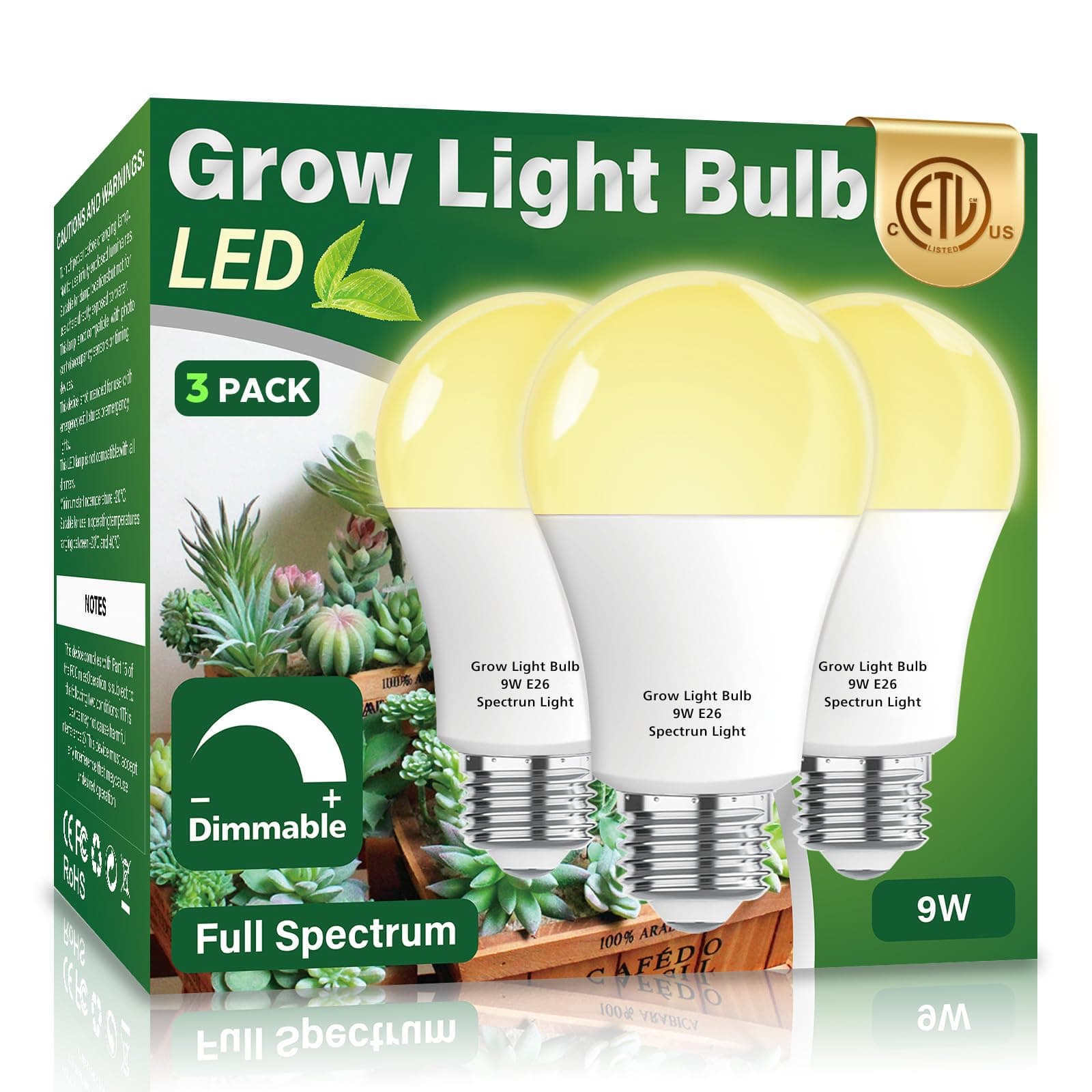 3 Pack Full Spectrum Grow Light Bulbs,A19 Grow Lights for Indoor Plants,Dimmable E26 9W Grow Bulb Replace up to 100W,Plant Lights for Indoor Growing,Flowers,Greenhouse,Indore