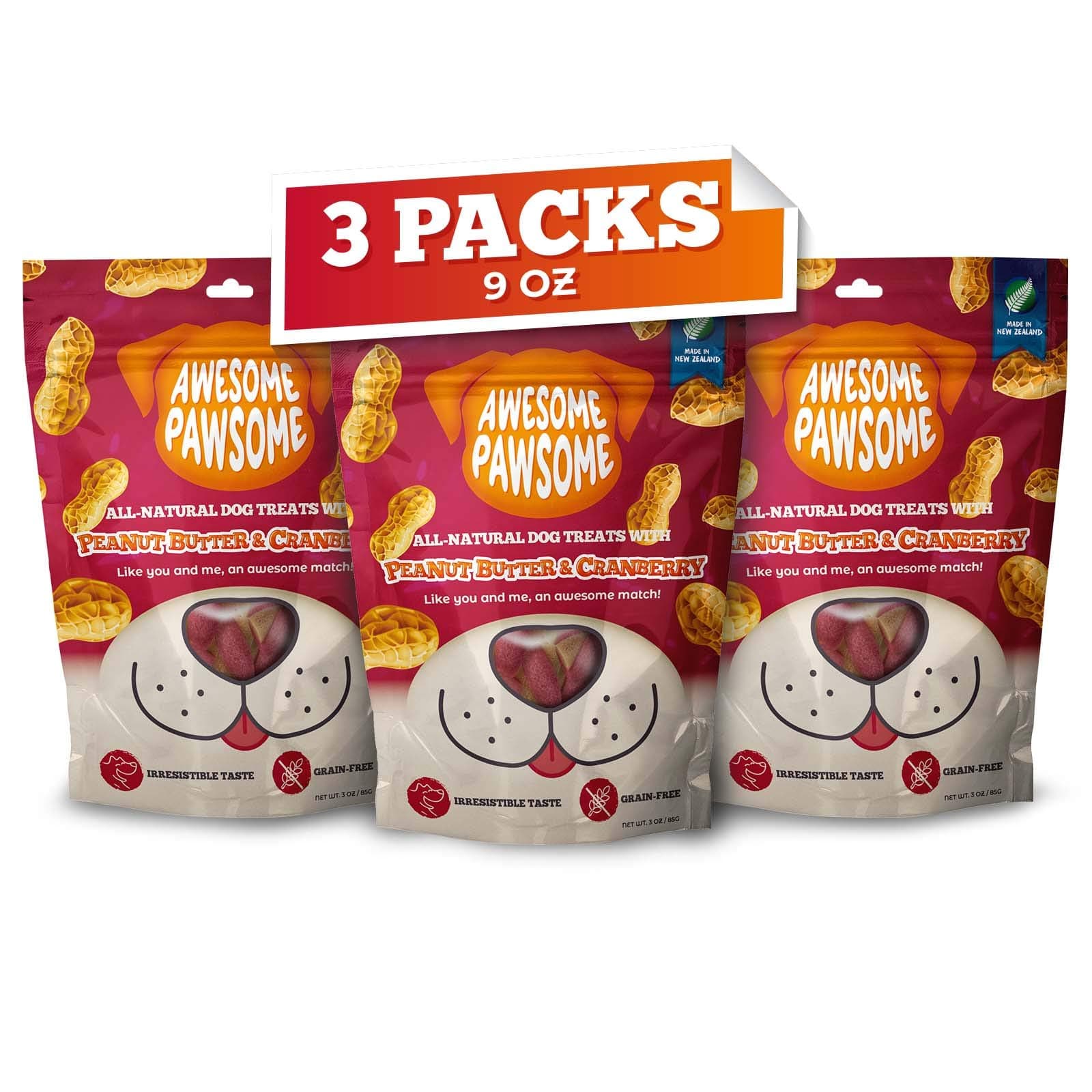Peanut Butter & Cranberry, All Natural Grain Free Crunchy Snacks for Dogs of All Ages, Fun Bite-Sized Shapes Dog Treats, Crafted in New Zealand, 9oz