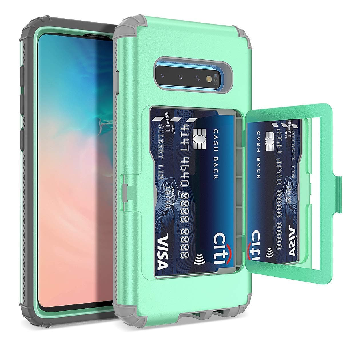 WeLoveCase S10 Plus Wallet Case Defender Wallet Card Holder Cover with Hidden Mirror Three Layer Shockproof Heavy Duty Protection All-Round Armor Protective Case for Samsung Galaxy S10+ Plus Mint