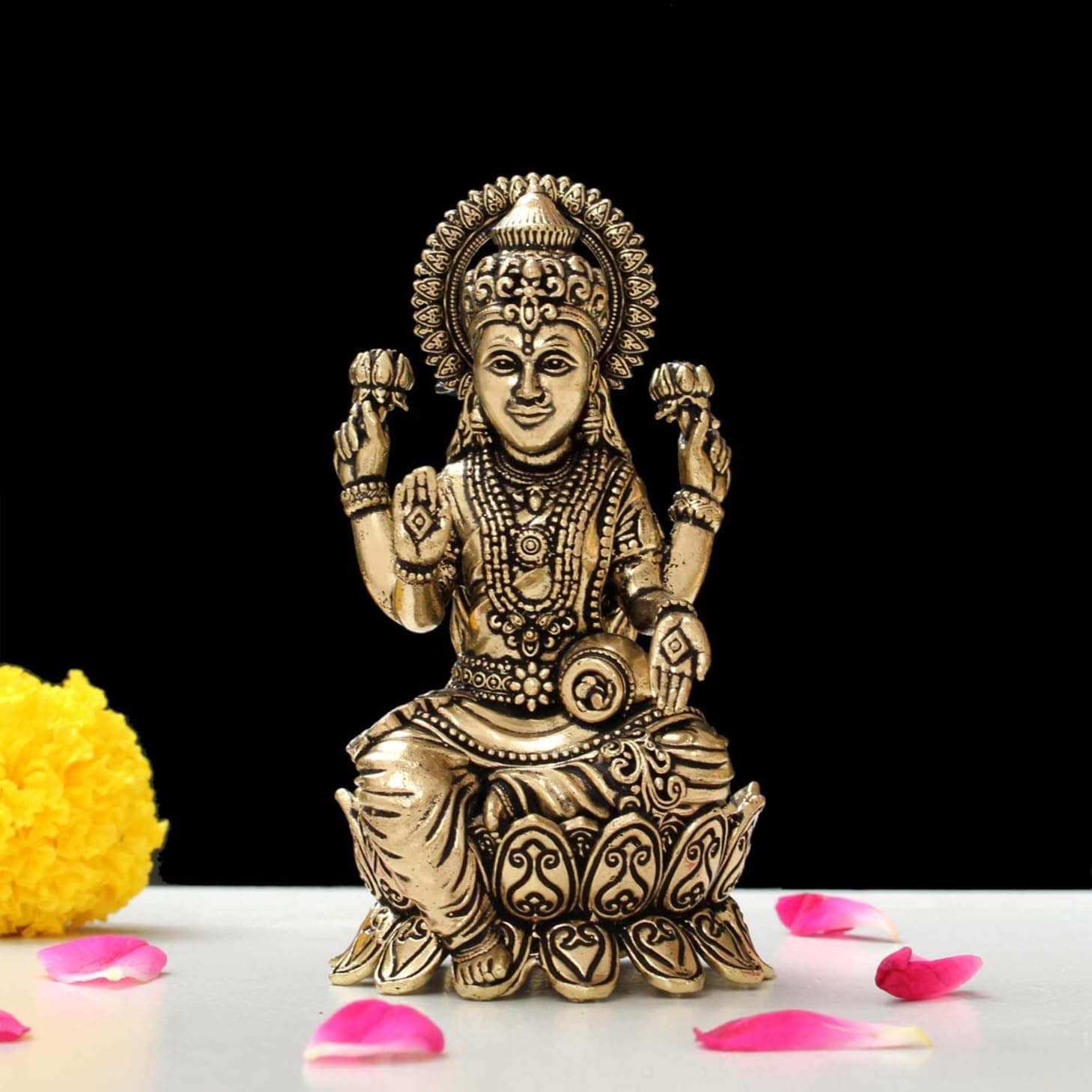 Handcrafted Brass Goddess Laxmi Statue for Home Temple | 4" Maa Lakshmi Figurine Idol Murti Sacred Symbol of Wealth | Perfect for Rituals & Gifting (Weight_180gm)