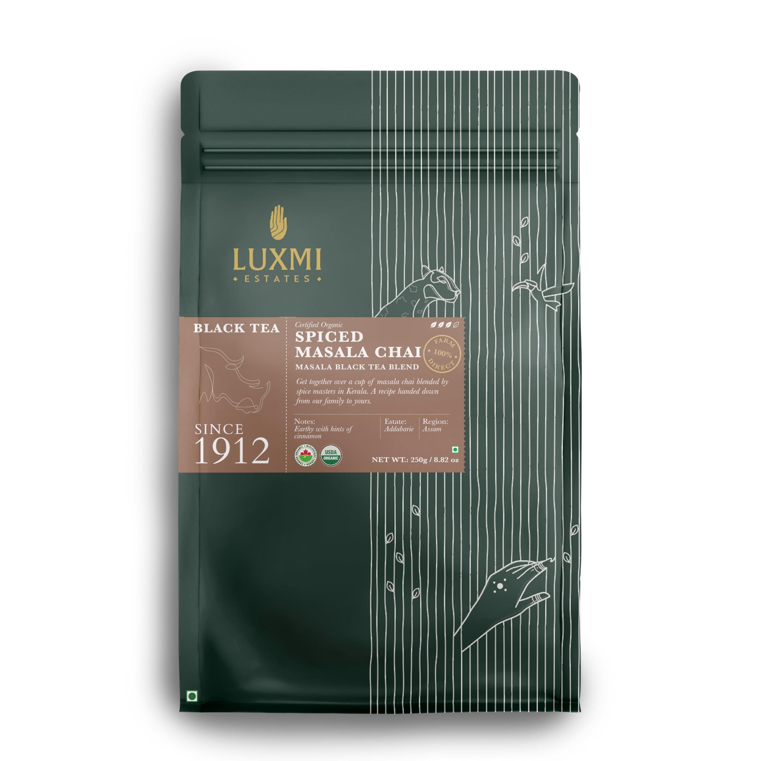 LUXMI Estates Spiced Assam CTC Masala Chai – 250g Pack | USDA Organic Black Tea Blend with Cinnamon, Cardamom & Spices | Authentic Indian Chai for Immunity & Wellness