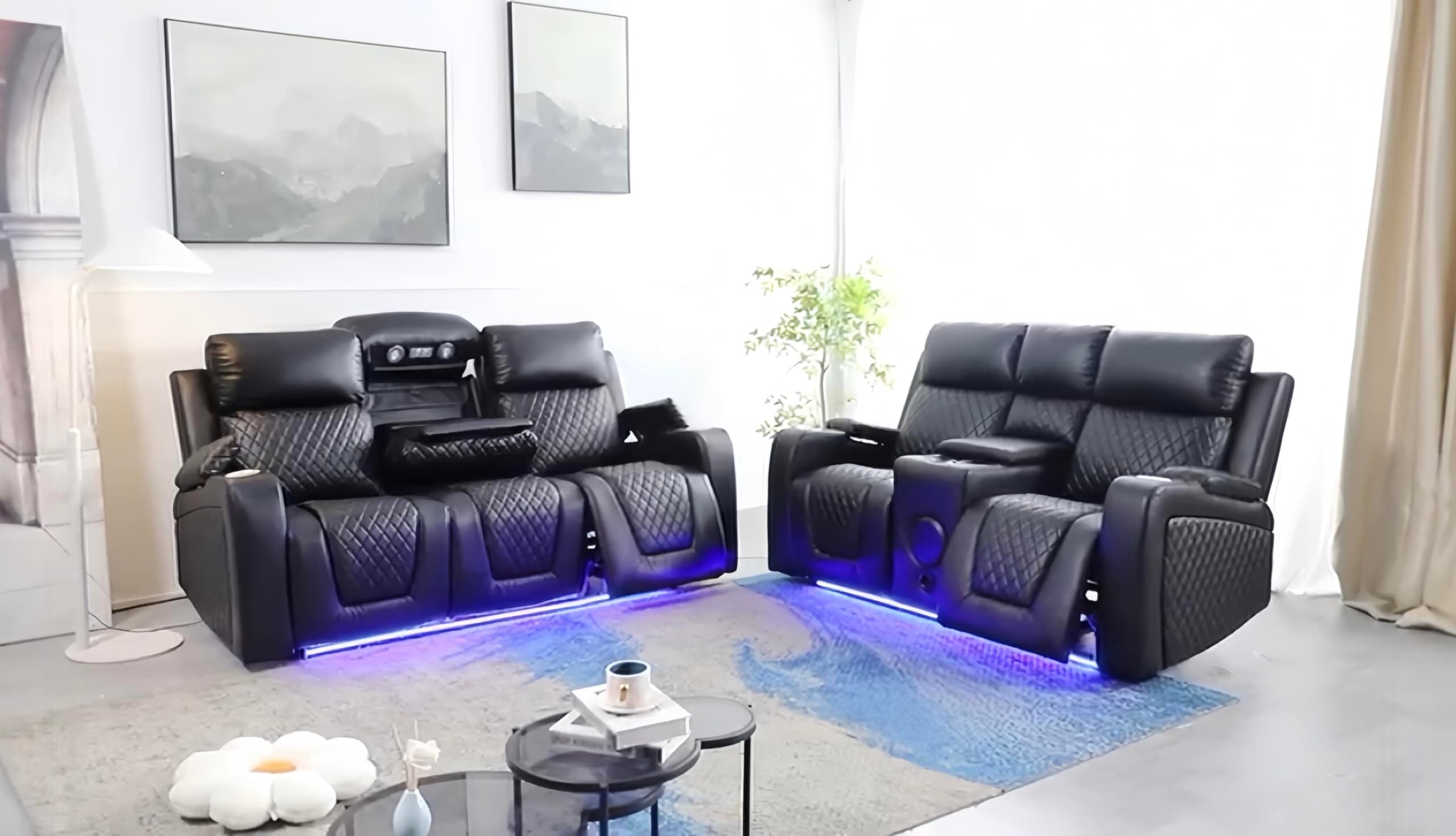 Florida Leather Electric Recliner Sofa Set with Cupholders, LED Lights, Wireless Charging, Bluetooth Speakers, and USB Ports – 3+2 Seater (Black)