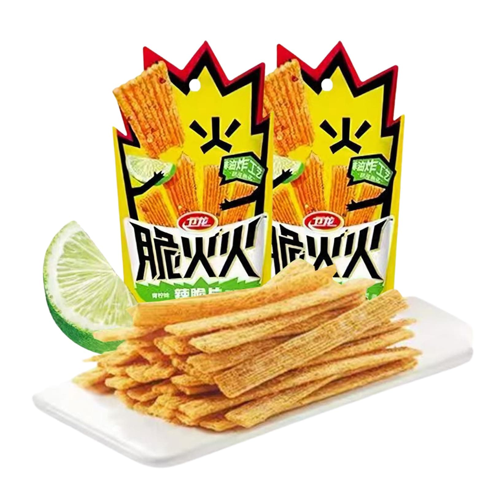Spicy Strips - (Crispy)(Lime flavor) Spicy Gluten Latiao, Chinese Special Casual Snack Food, Made From Wheat/Chili/Spice, Low Sugar and Low Calories, Best Vegan, 45g (Pack of 2)