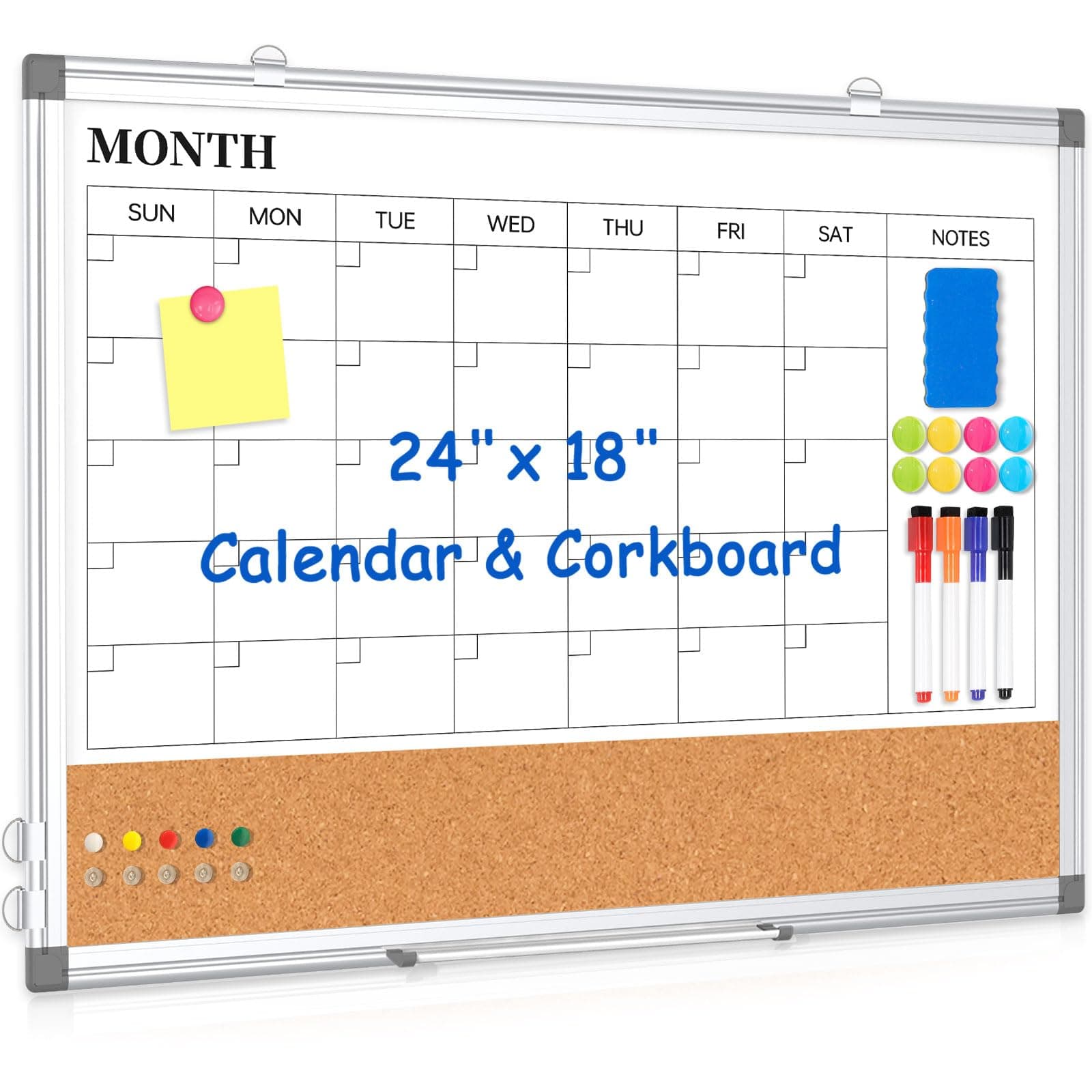 Monthly Calendar Whiteboard Dry Erase Cork Board Combo for Wall, 24" x 18" Double-Sided Calendar White Board and Bulletin Board, Portable Board for Office, Kitchen, School, Home