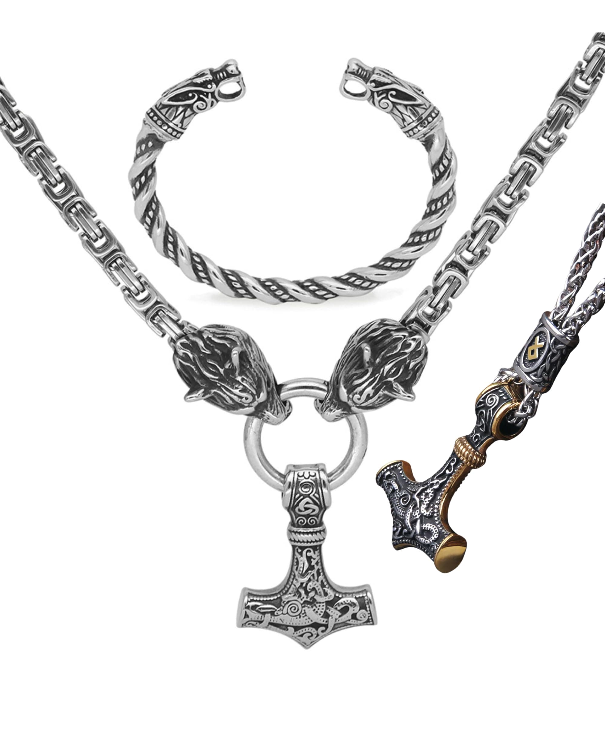 VikingsBrand Handmade Stainless Steel Thor’s Hammer Necklace with Wolf Heads – Mjolnir Pendant, Viking Gifts for Men – Norse Jewelry for Men – Authentic Scandinavian Men’s Accessories