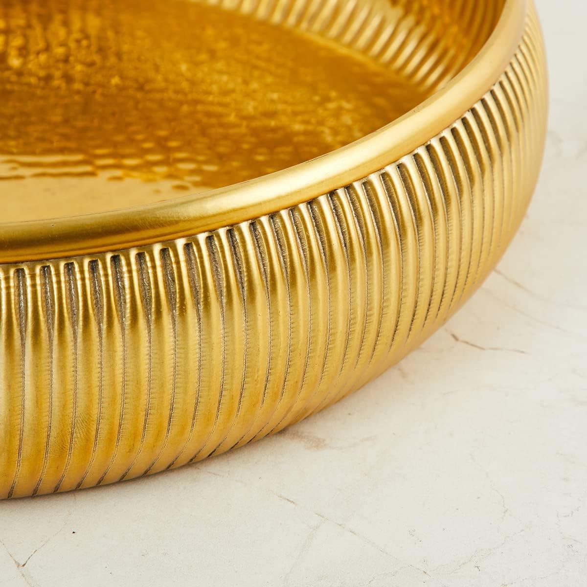 25cm Leon Cesar Ribbed Decorative Bowl, Gold, Standard, Urli Bowl for Home Decoration, Handcrafted Bowl for Floating Flowers, Diwali Decoration, Rangoli