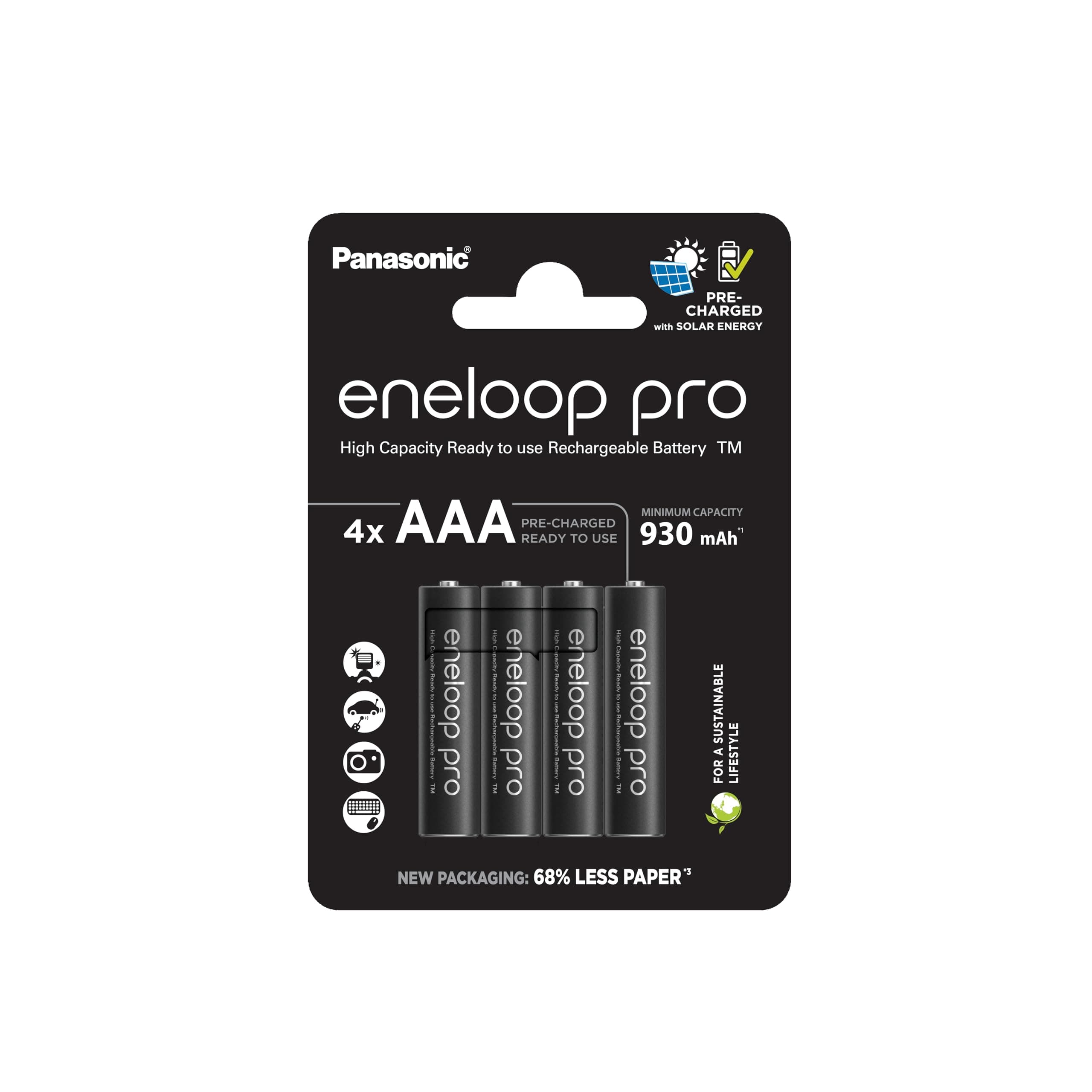 Pro AAA/Micro NI-MH Battery, 4 Pack, Capacity with Min. 930 mAh, Ready-to-Use NI-MH Batteries, Rechargeable up to 500 Times, Plastic-Free Packaging, Pro, Black