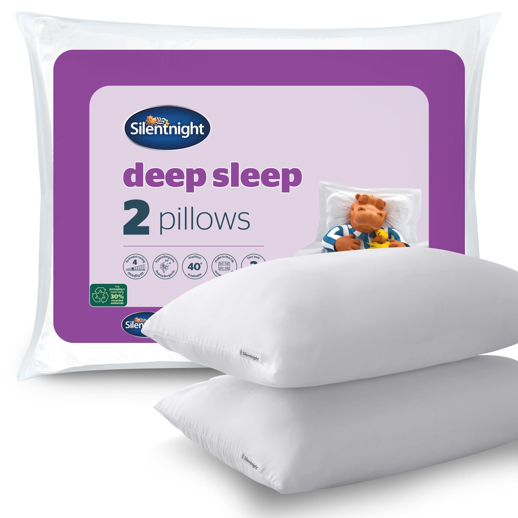 Deep Sleep Pillows 2 Pack – Medium Support Comfortable Hollowfibre Bed for Front, Back and Side Sleepers Machine Washable Hypoallergenic of Standard Size, White