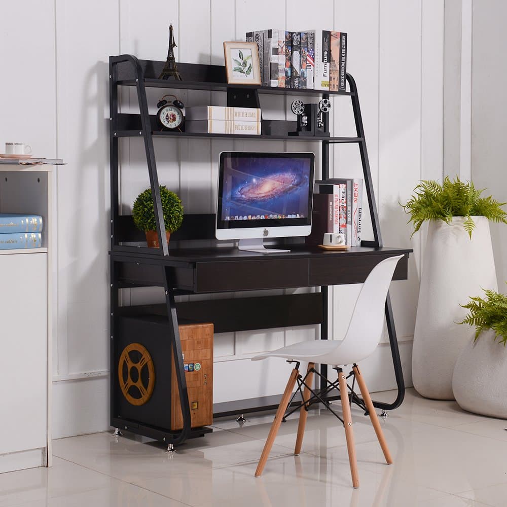 Emall Life Multi-Functional Computer Desk with Bookshelf and Drawers Home Office PC Laptop Study Table (Black Shelf and Black Walnut)