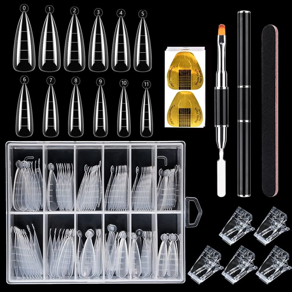 LIONVISON Poly Gel Nail Forms: 120Pcs Stiletto Shape Extension Gel Nail Molds Clear Acrylic Nail Tips - 100Pcs Nail Forms Stickers for Polygel with Dual-Ended Nail Brush and Nail File