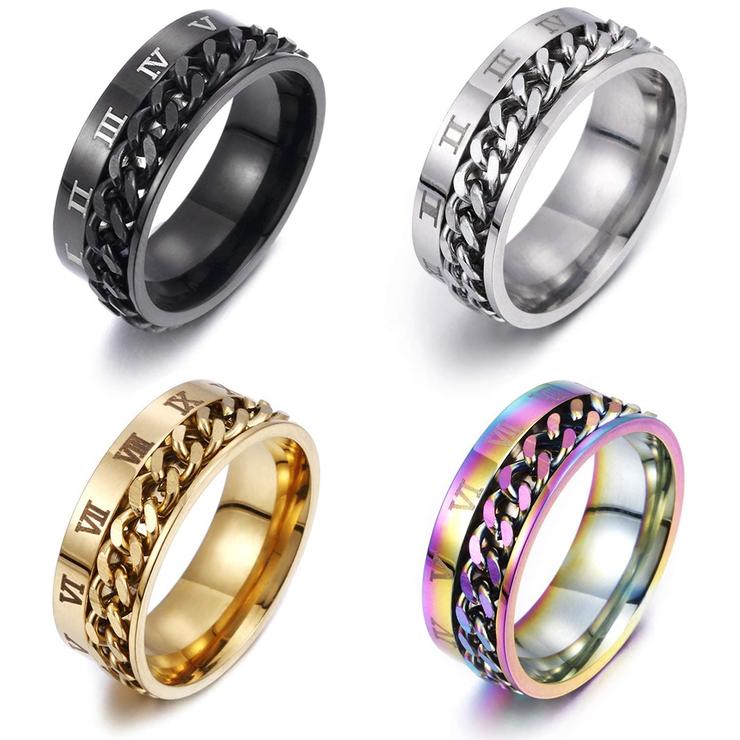 Gleamart 4Pcs Stainless Steel Rotatable Chain Ring Roman Numerals Spinner Ring Set for Men