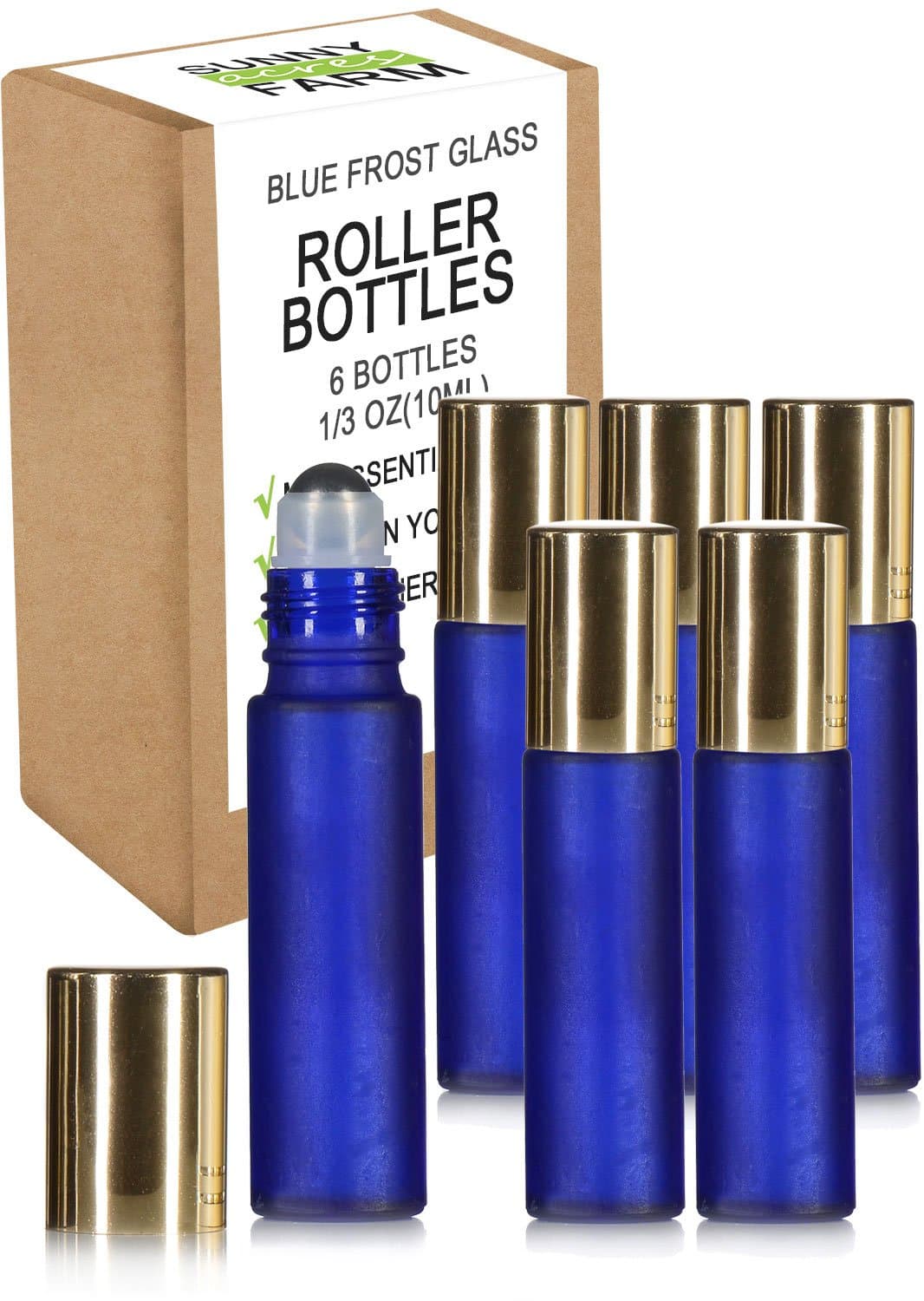 Highest Quality Frosted Glass Roll On Bottles - 1/3oz(10ml) - 6 Pack with Stainless Steel Metal Roll-On Balls - Free Recipe eBook Ideal For Essential Oils, Perfumes, Aromatherapy (Purple Lids)