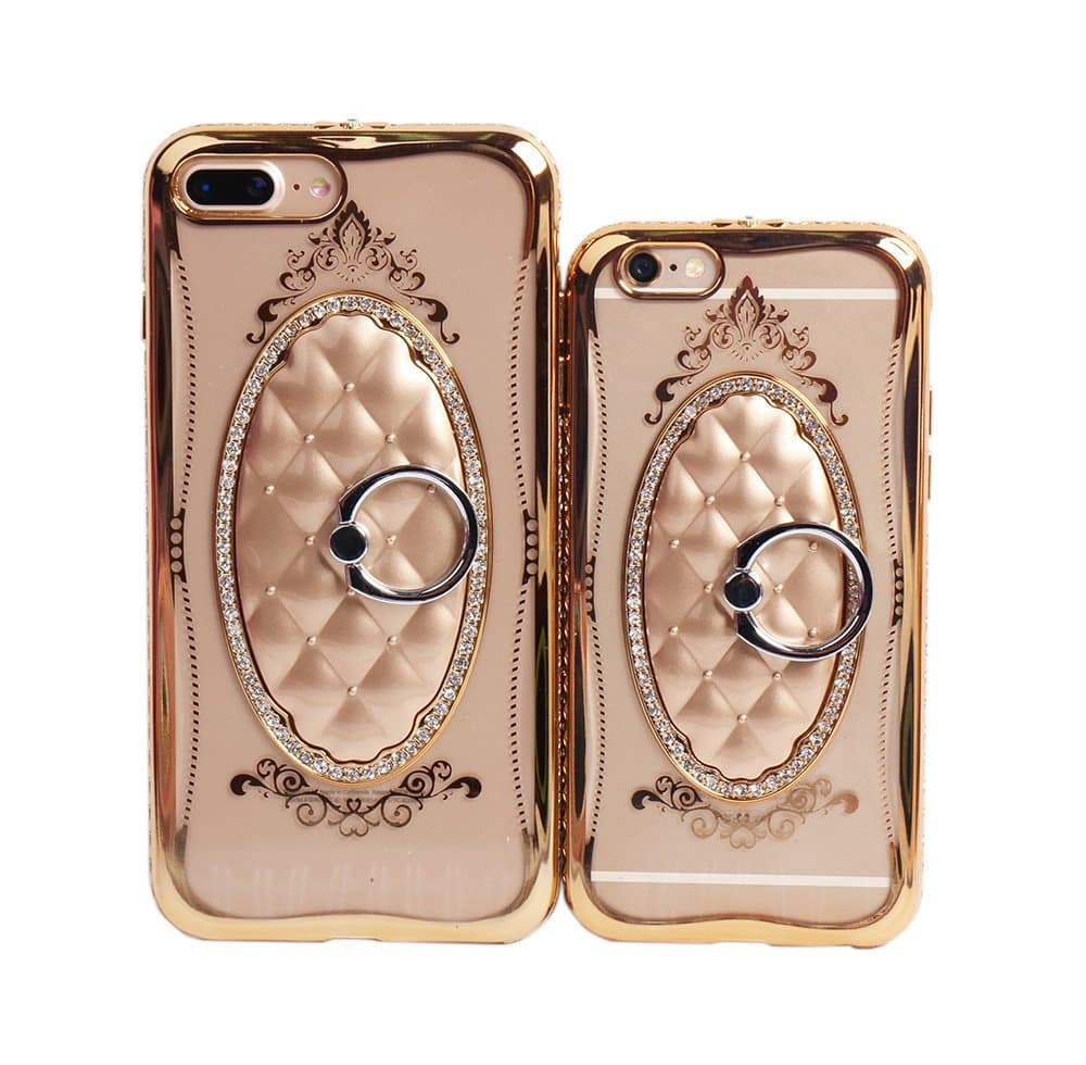 iPhone 6 Plus TPU Soft Case for Girls and Women,Clear Glitter Embed Crystal Diamond Thin Back Case Ring Stand Cover 5.5 Inch (Gold)