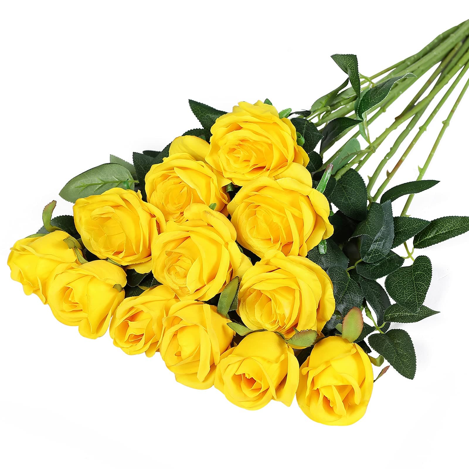12PCS Artificial Silk Flowers Realistic Roses Bouquet Long Stem for Home Wedding Decoration Party (Yellow 1)