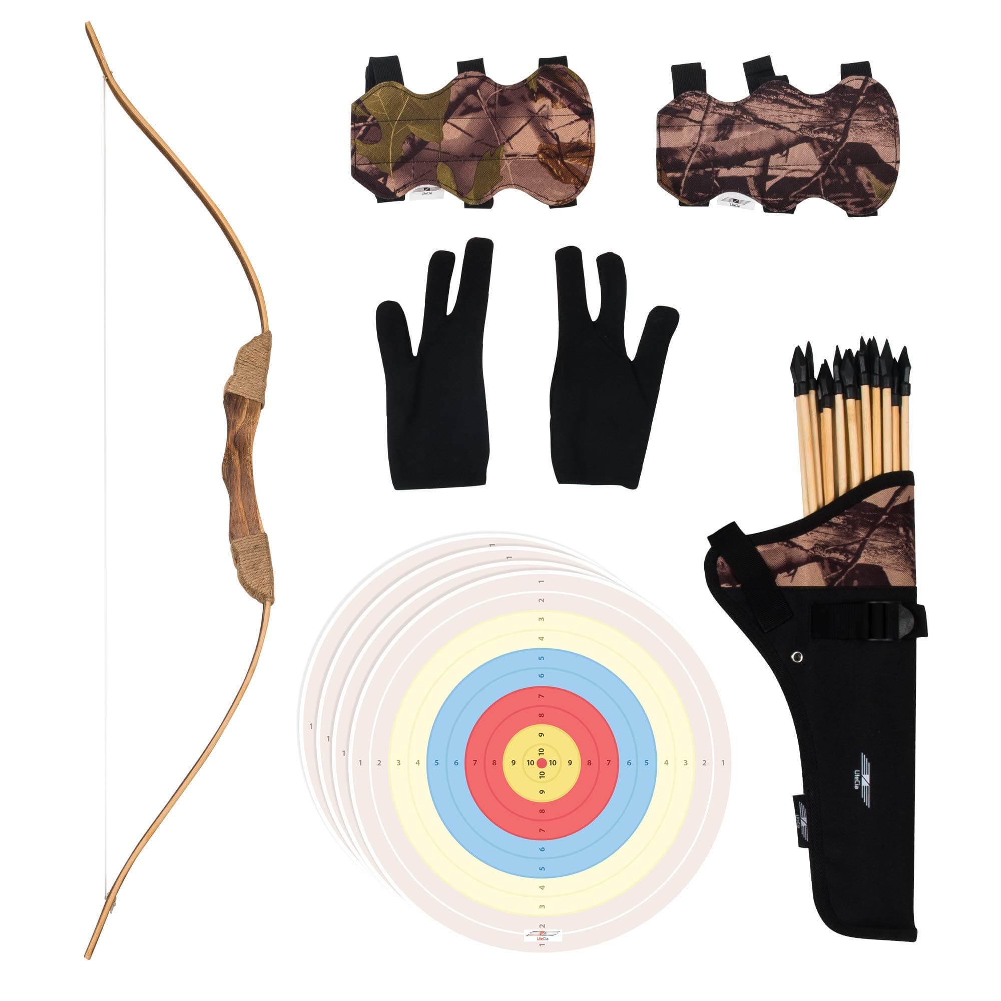 30 Pcs Complete Archery Set for Kids & Beginners - Safety Rubber Tip Arrow Pack, Handcrafted Wooden Bow, Fabric Quiver, Arm Guard, Finger Glove, Target Sheets - Outdoor and Indoor Shooting Toy