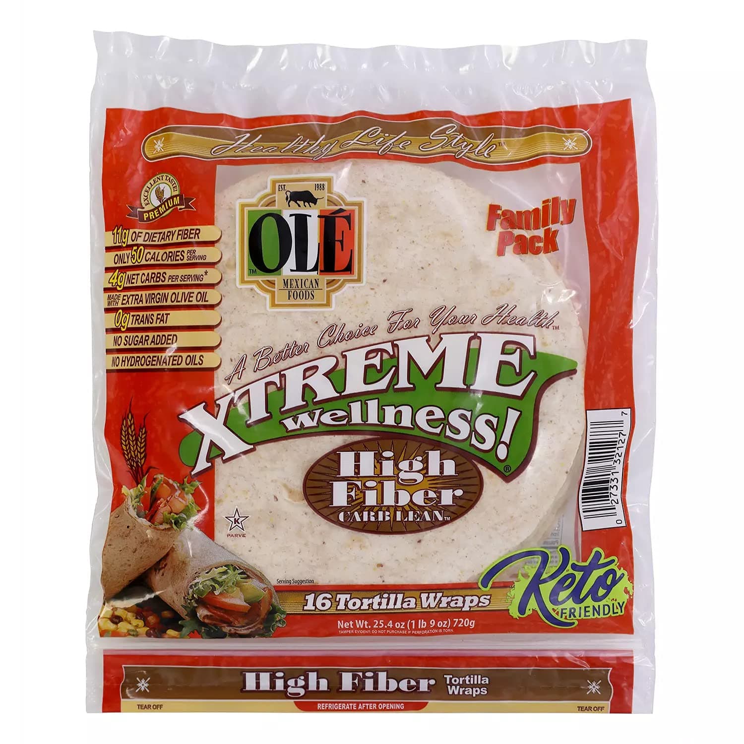 Xtreme Wellness High Fiber Low Carb Keto Friendly - 16 Tortilla Wraps (Pack of 2) 32 Total Wraps