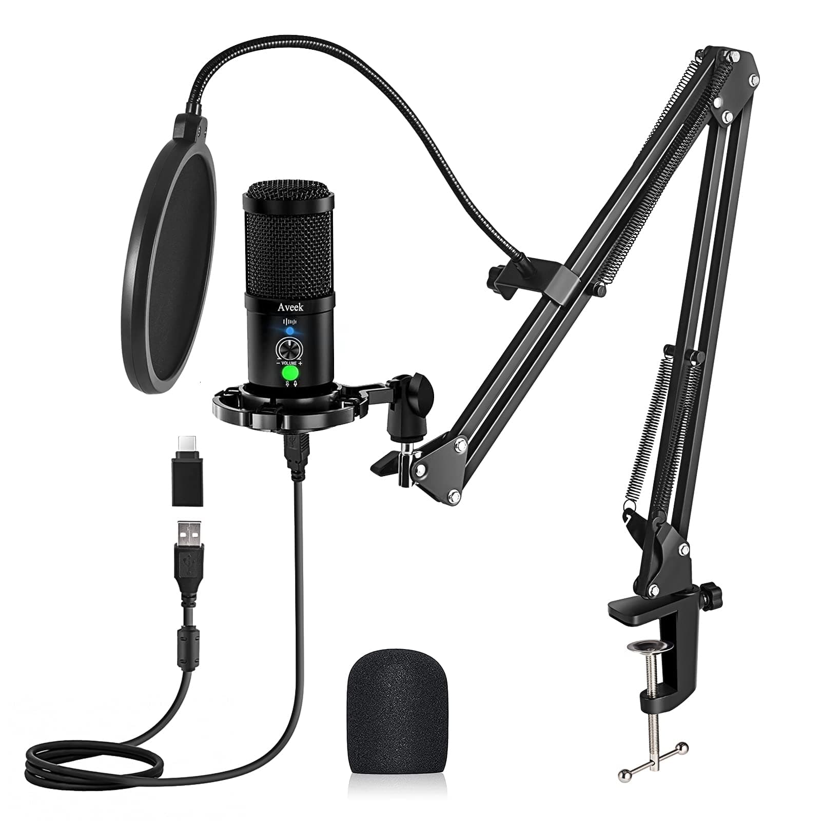 Aveek USB Gaming Microphone for PC, Podcast Condenser Microphone with Mute, Headset Monitoring & Noise Cancelling, Boom Arm Stand for Streaming, Computer, Phone, YouTube, Recording