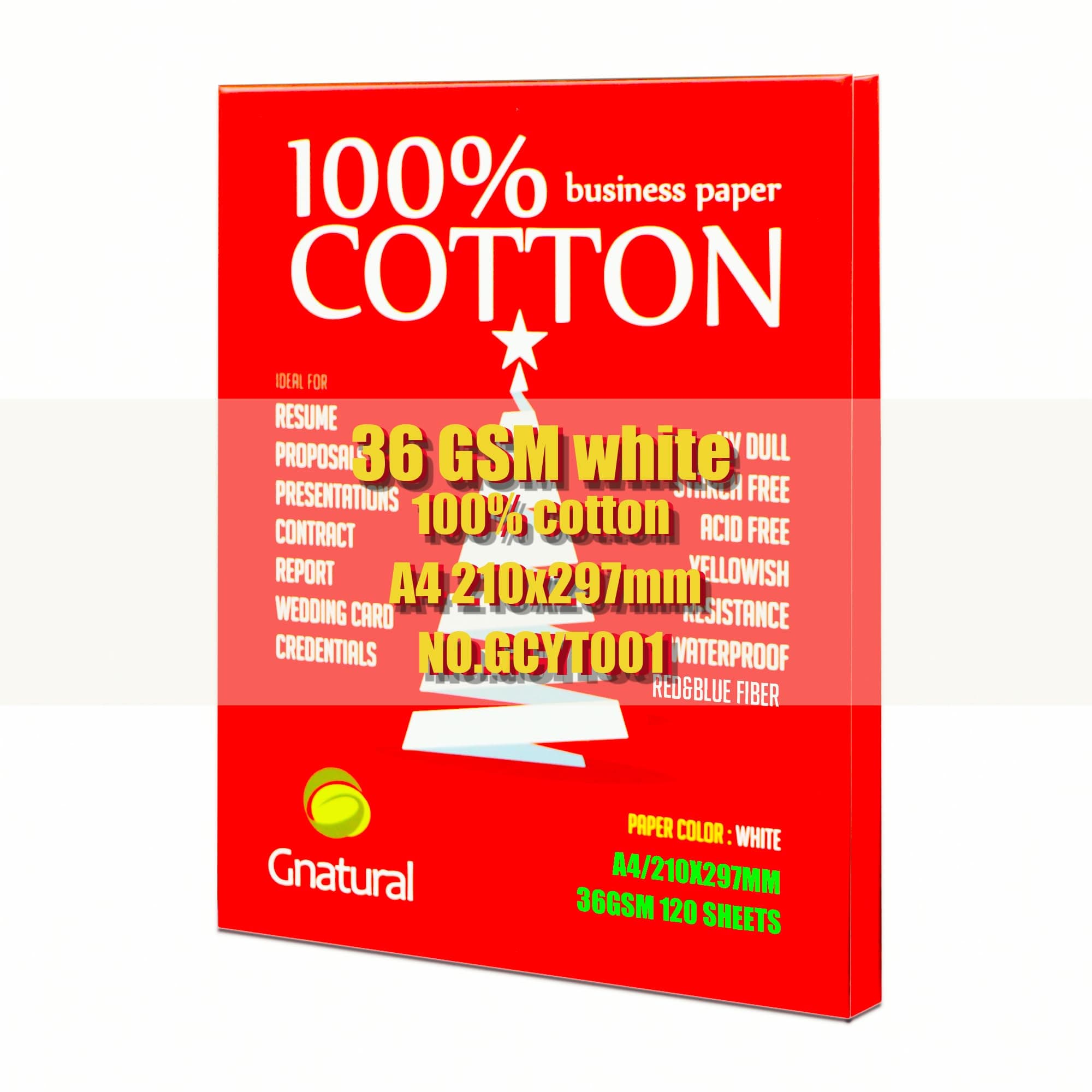 Gnatural 100% Cotton A4 Business Paper, 36gsm, White, 200 Sheets, Waterproof