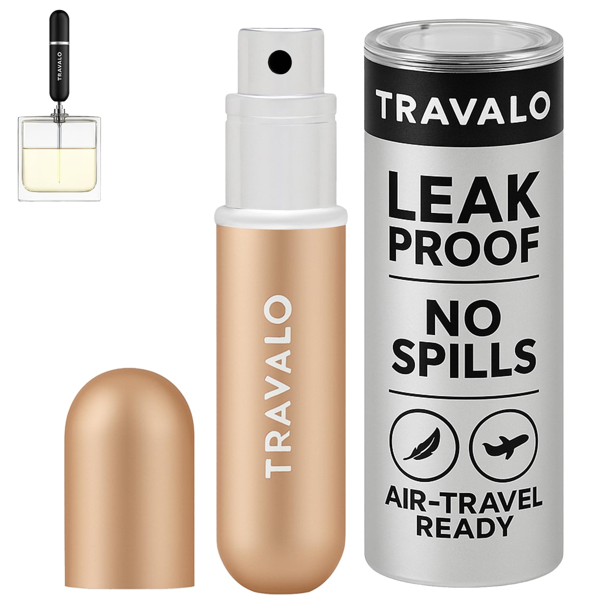Travalo Classic HD Perfume Atomizer - Leak-Proof and TSA Approved for Air Travel - Reusable, Airtight, Easy-Fill Mini Pump Sprayer - Lightweight, Elegant Design w/Volume Window - Gold 0.17oz