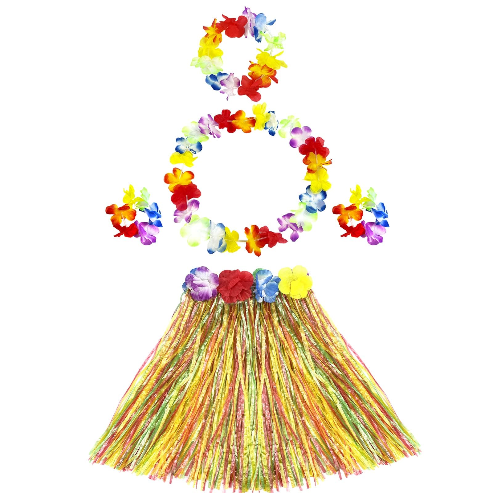 5pcs Elastic Hawaiian Hula Grass Skirt for Girls Colorful Tropical Luau Flower Leis Headband Necklaces Bracelets Girls Party Supplies