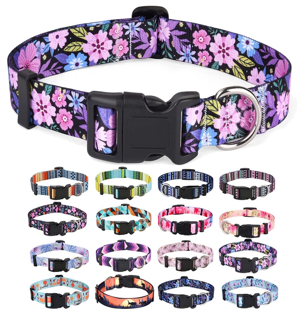 Dog Collar with Bohemia Floral Tribal Geometric Patterns - Soft Ethnic Style Collar Adjustable for Small Medium Large Dogs(Floral Pink,S)