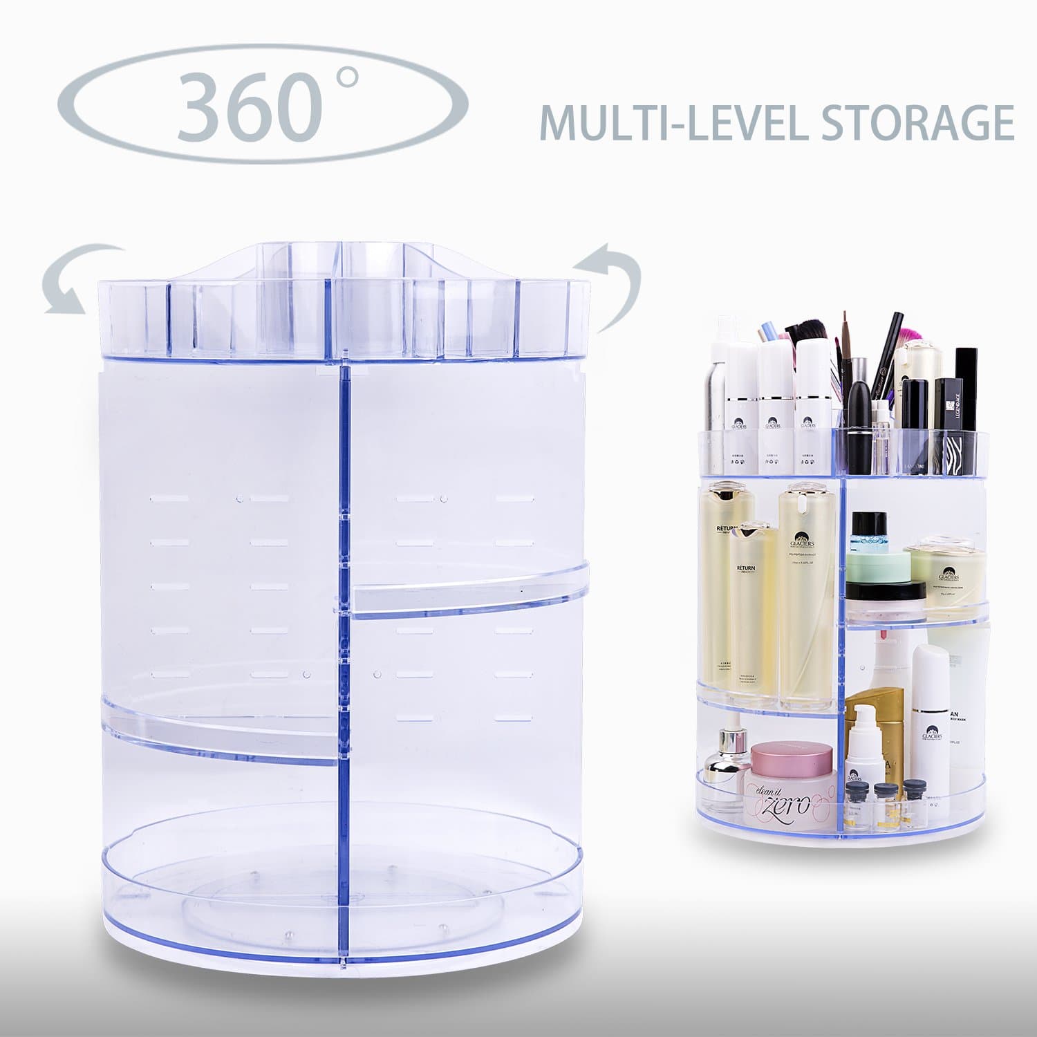360-Degree Rotating Makeup Organizer, Adjustable Multi-Function Cosmetic Storage Unit, Compact Size with Large Capacity, Fits Different Types of Cosmetics and Accessories (Clear Transparent)